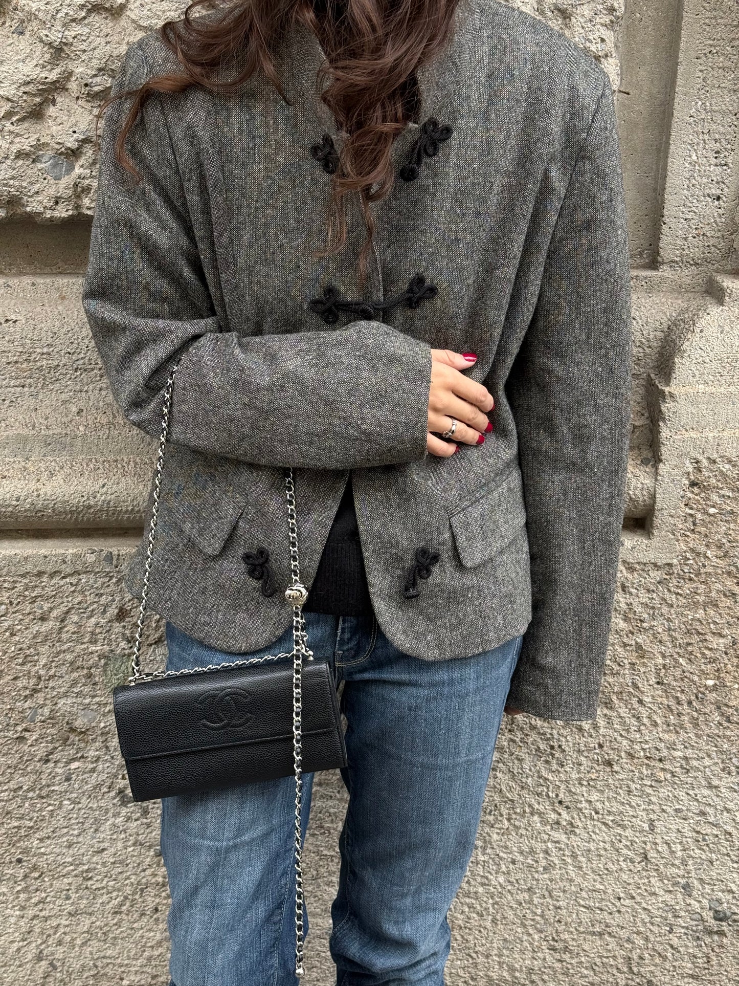 Chanel Re-Worked Flap Long Wallet With Chain Black Embossed CC logo