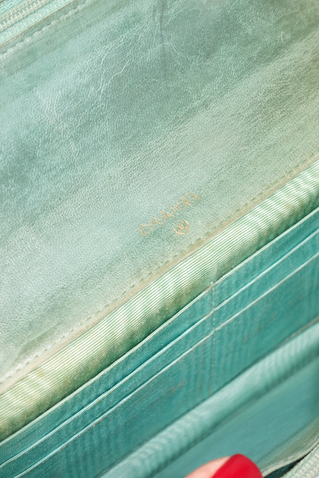 Chanel Re-Worked Flap Teal CC logo Vintage Wallet with Chain