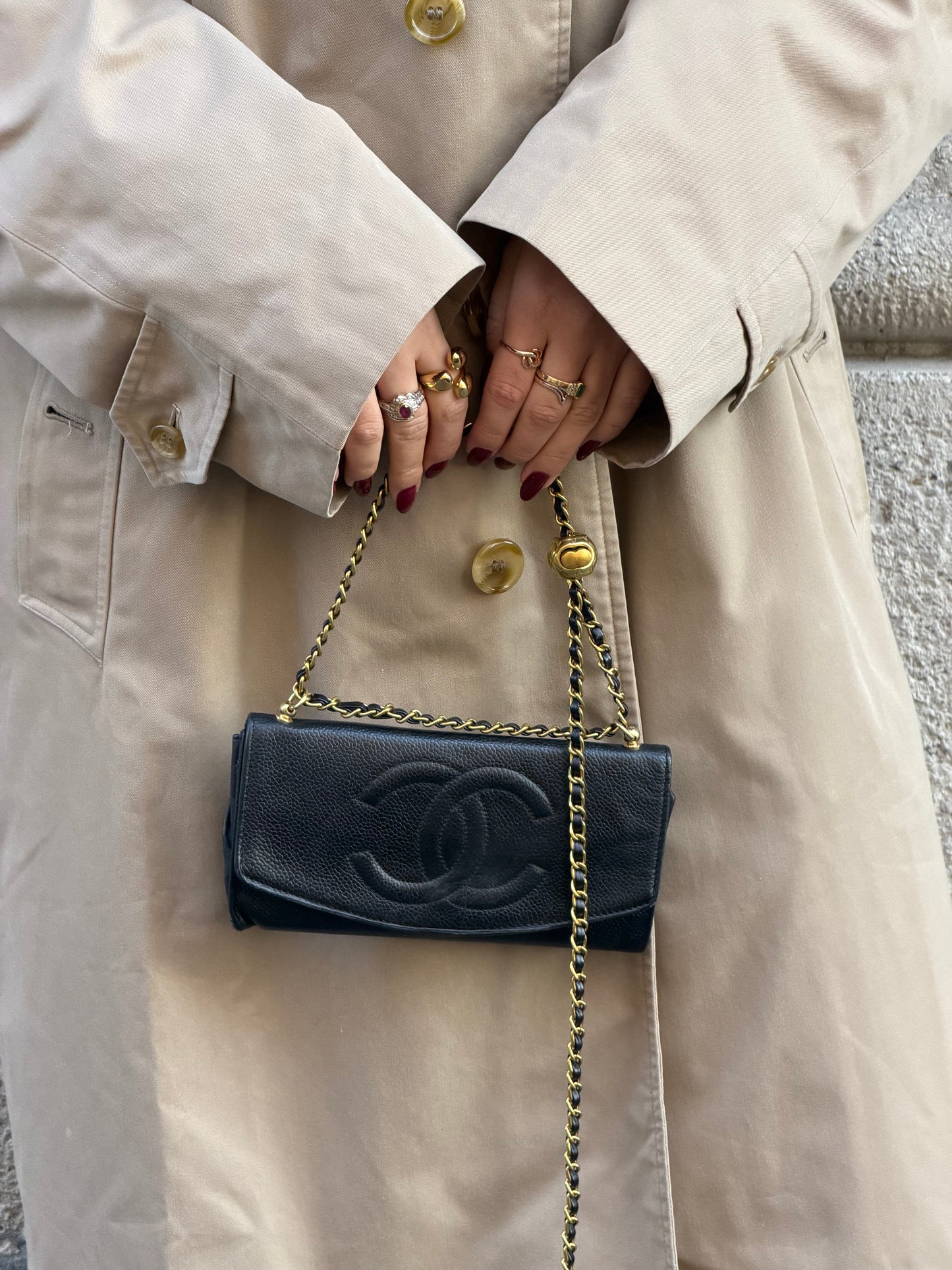 Chanel Re-Worked Vintage Long Flap Wallet With Chain Black Caviar CC logo