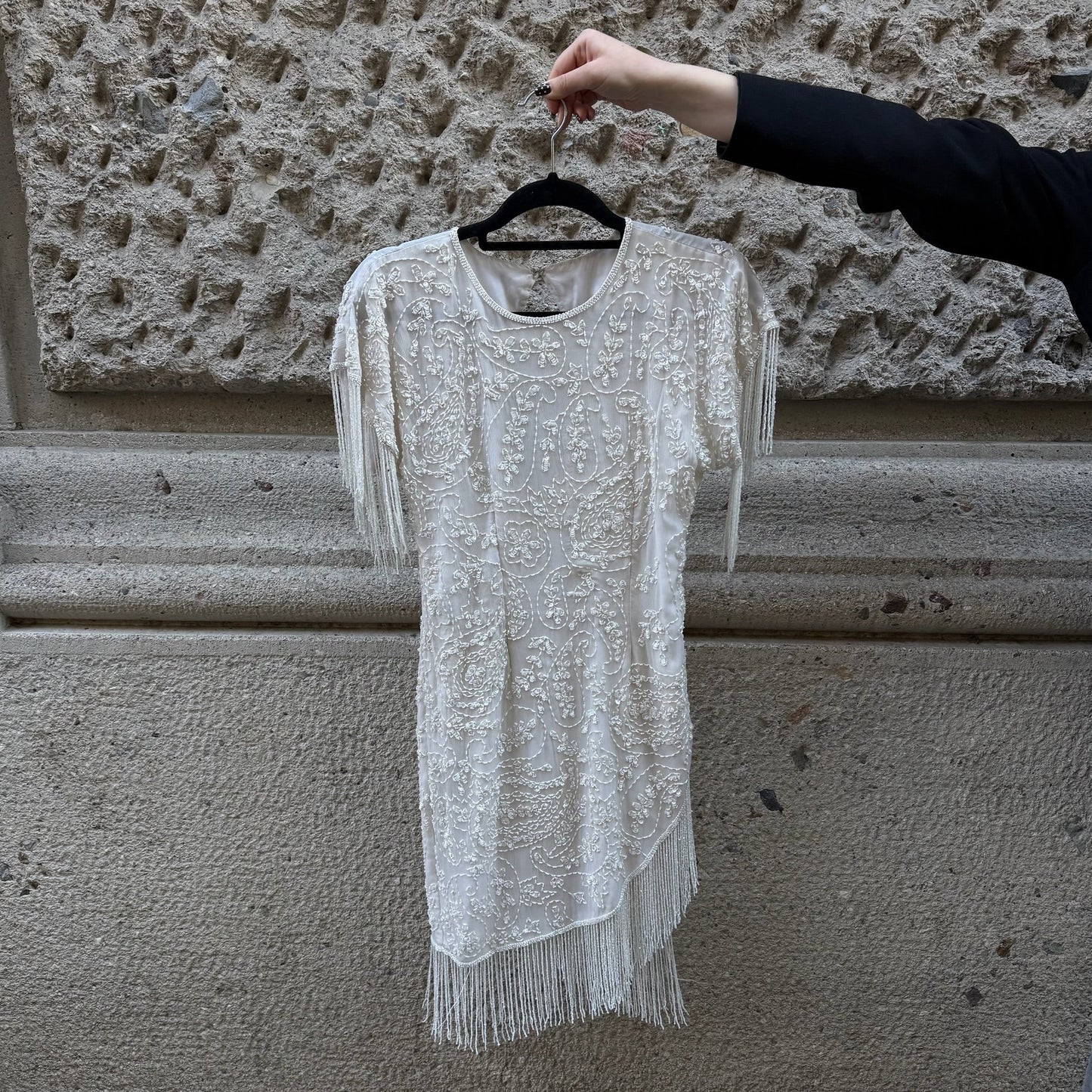 Vintage 1920s Style White Beaded Fringe Dress