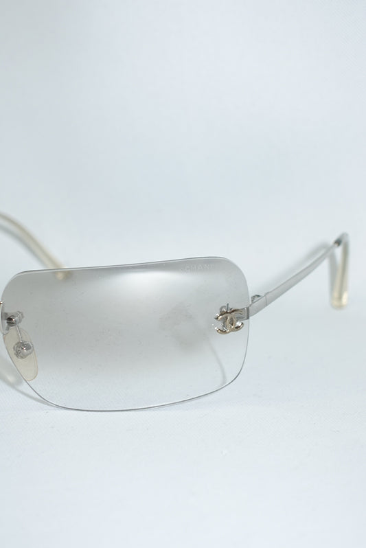 Chanel Y2K Rimless Rectangular Gradient Sunglasses – Silver Minimalist Frame