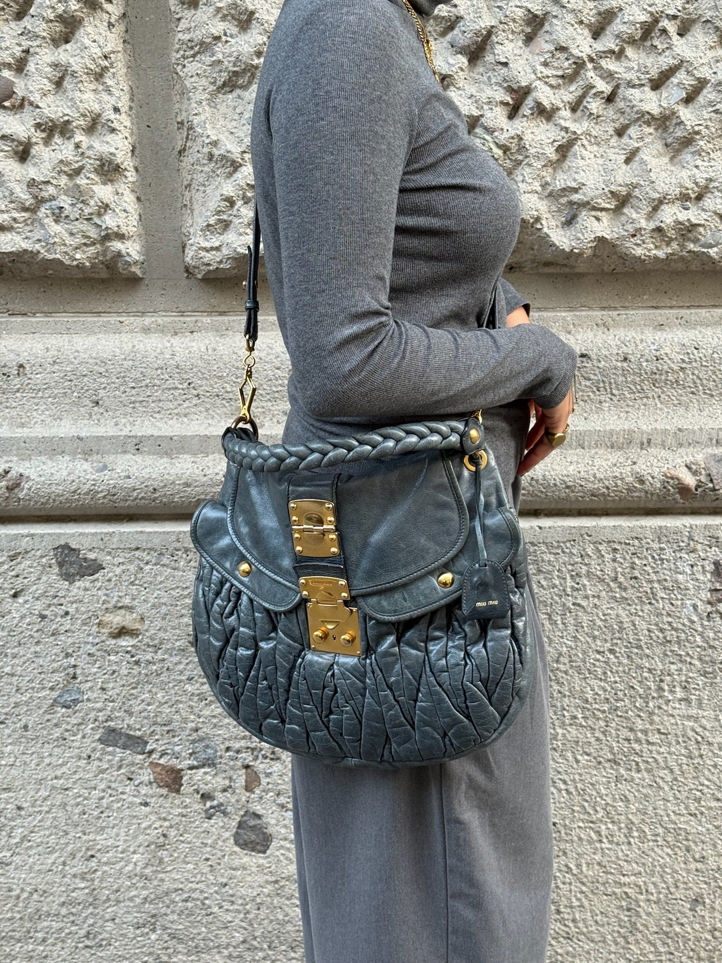 Miu Miu Steel Blue Coffer Shoulder Bag