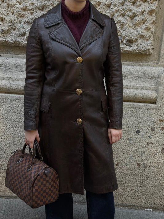 Vintage Dark Brown Leather Trench Coat Gold Toned Buttons