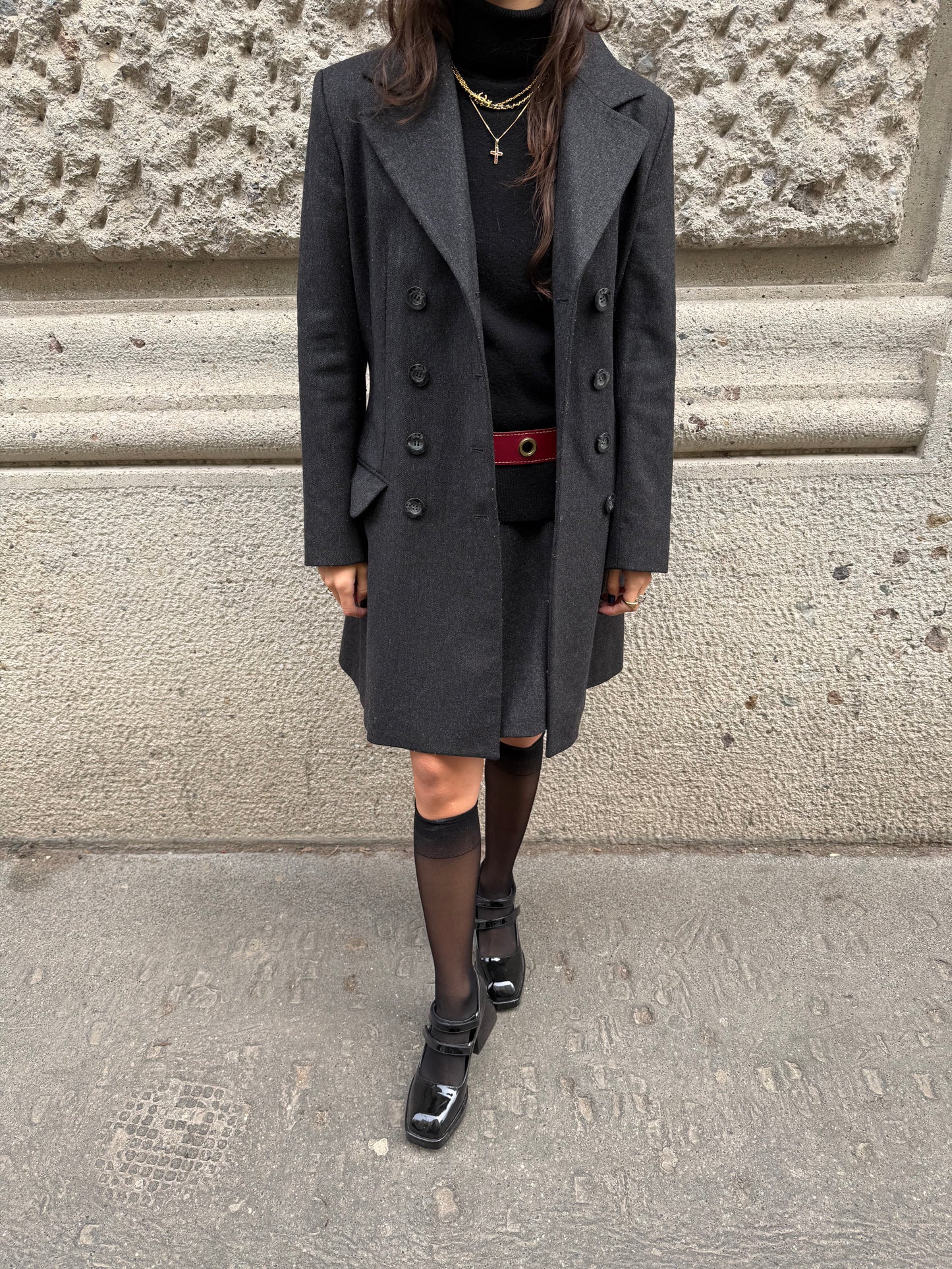 Completo blazer doppiopetto e gonna in lana grigio scuro vintage Dolce & Gabbana