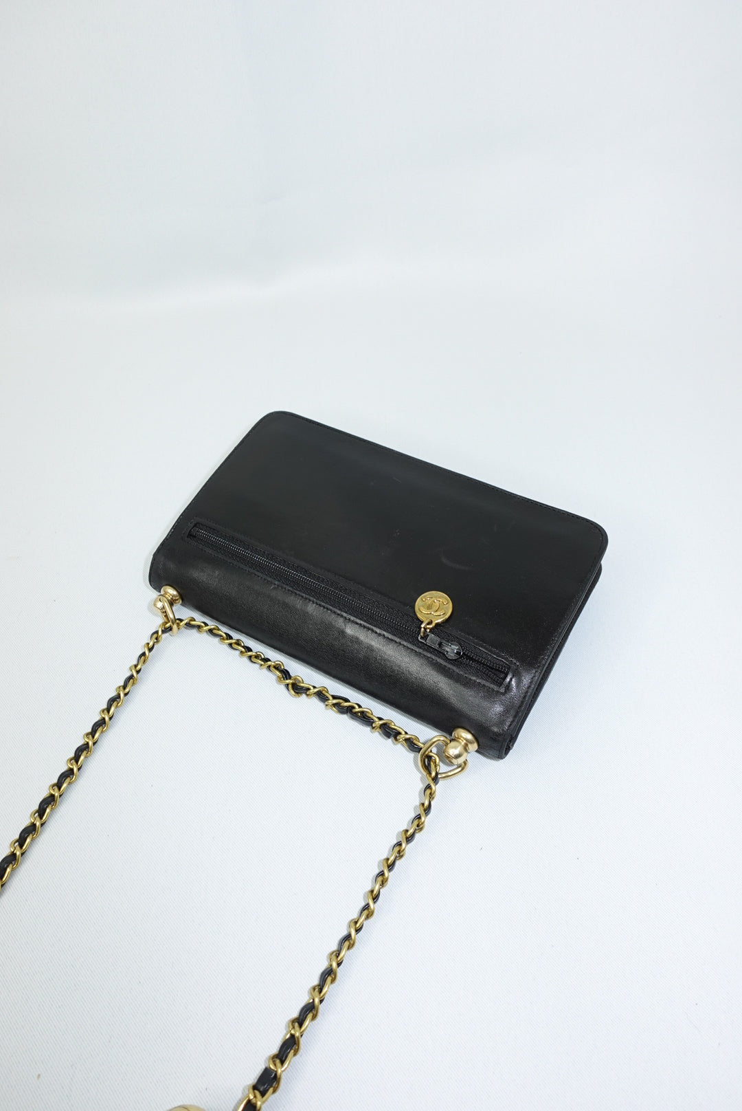 Chanel Re-Worked Vintage Flap Wallet With Chain Black Lambskin CC logo