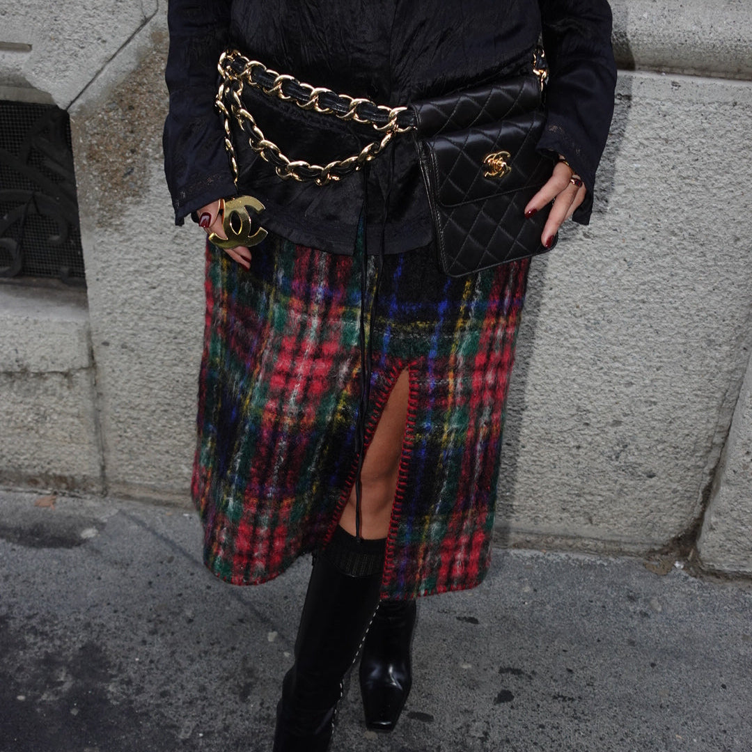 Gonna Moschino in mohair e lana scozzese multicolore vintage