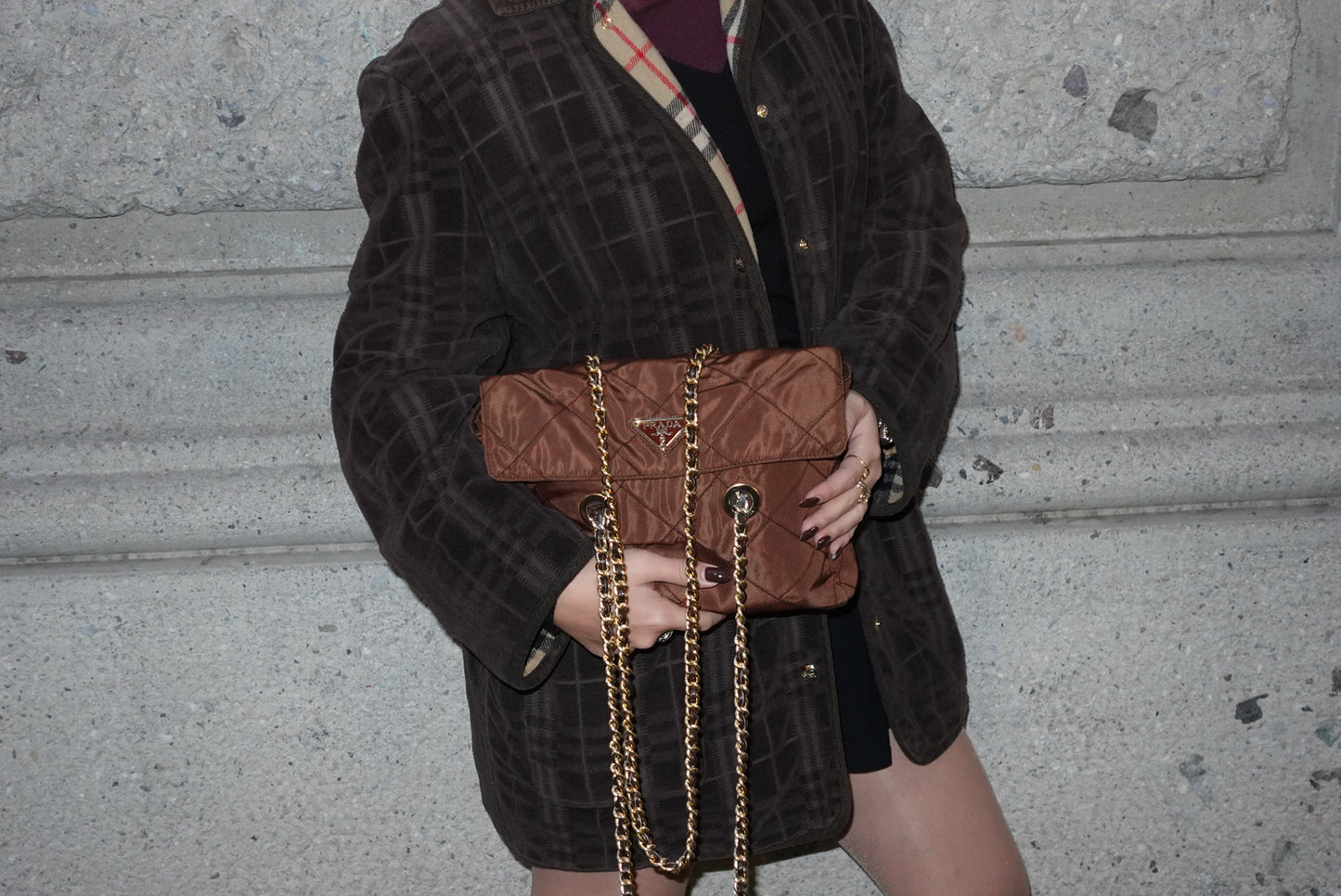 Prada Nylon Brown Vintage Gold Toned Hardware Shoulder Bag