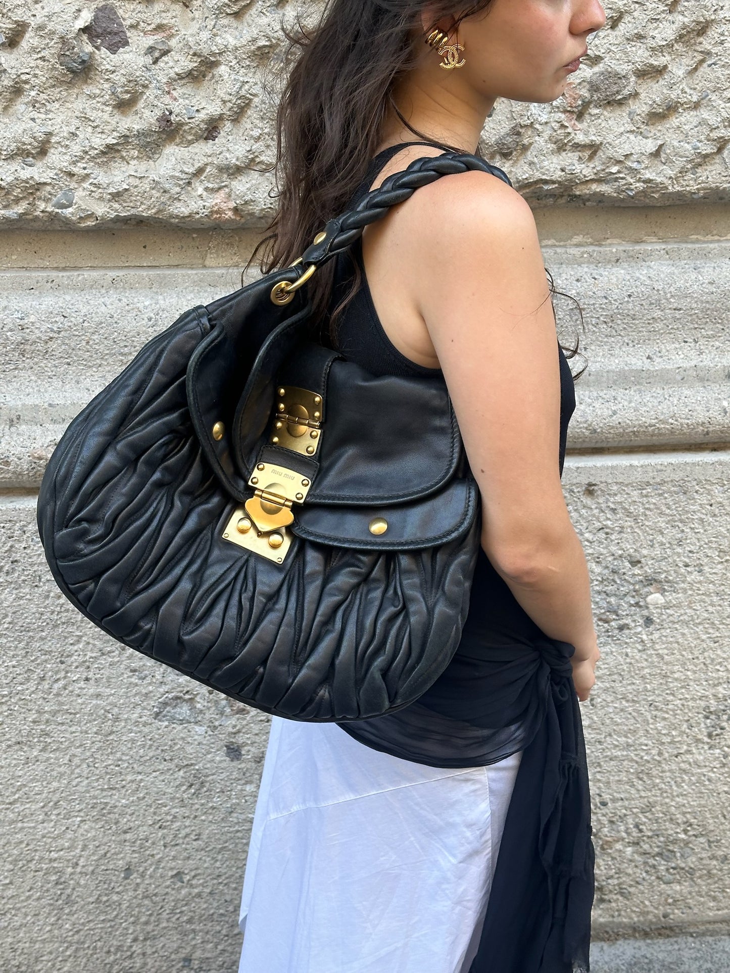 MIU MIU Vintage Coffer Black Matelassé Bag