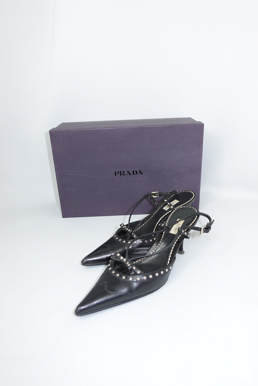 202. Prada Studded Black  Pointed Toe Heels 36