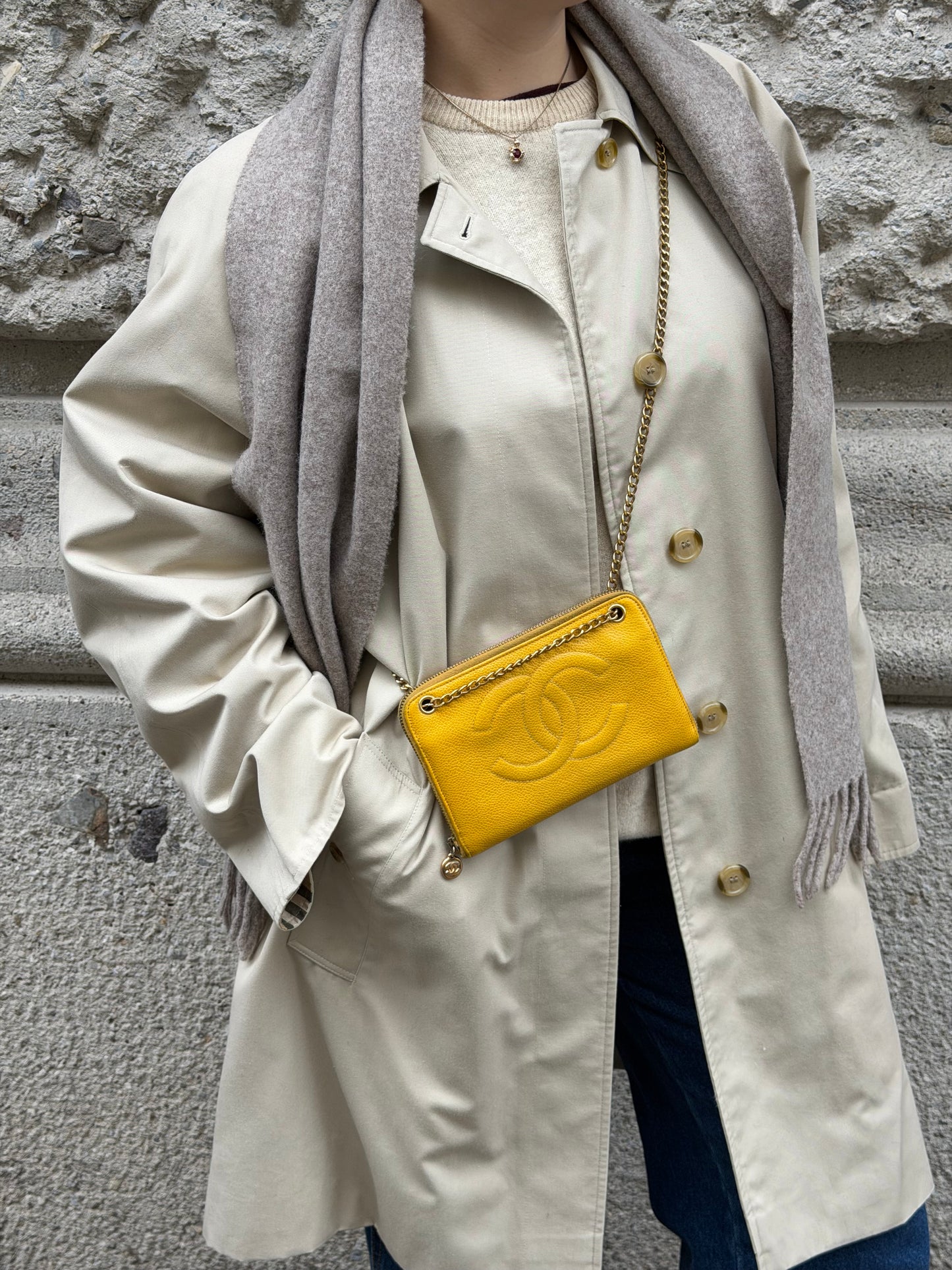 Chanel Vintage Reworked Mustard Zip Wallet with Chain