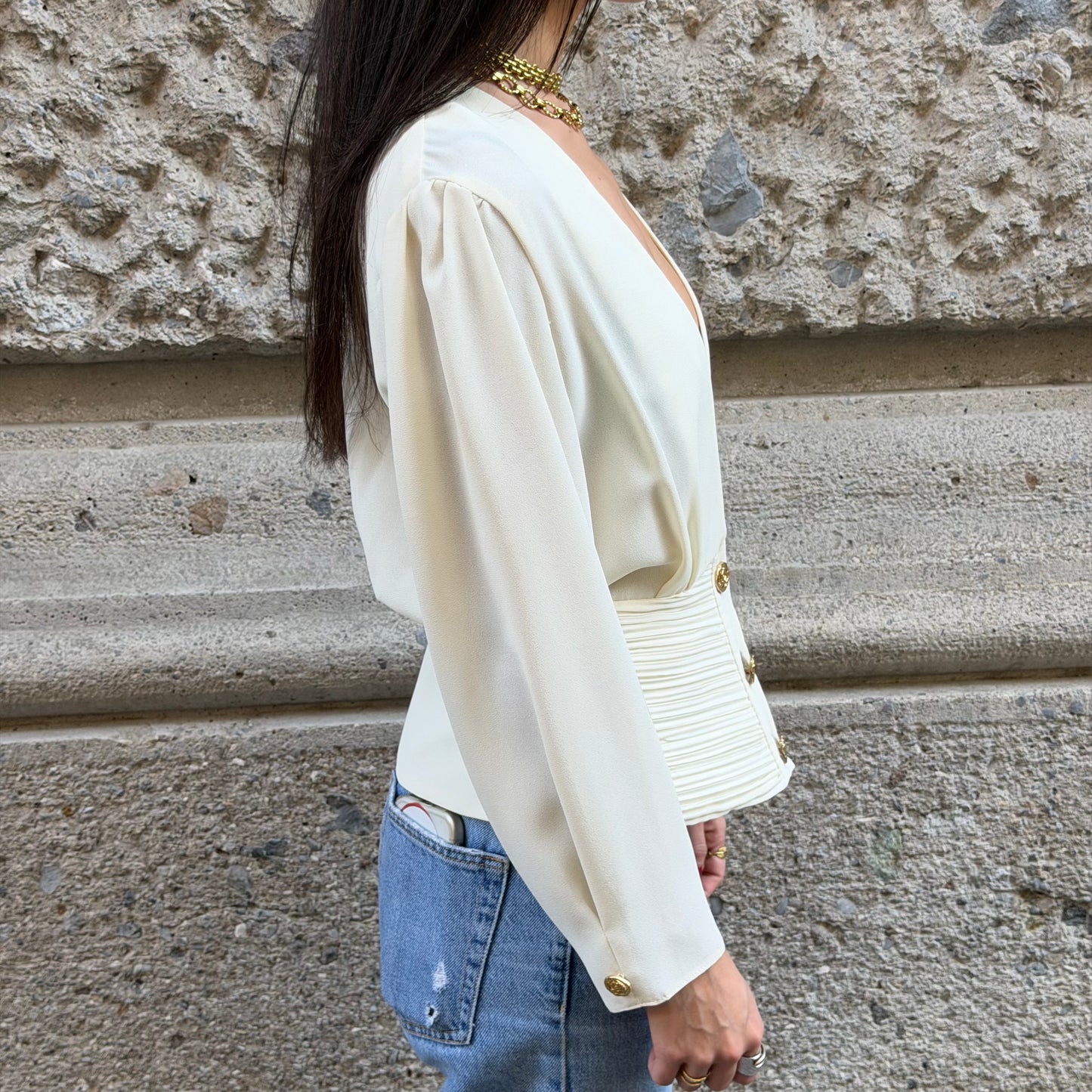 Ivory Plisse V Neck Blouse
