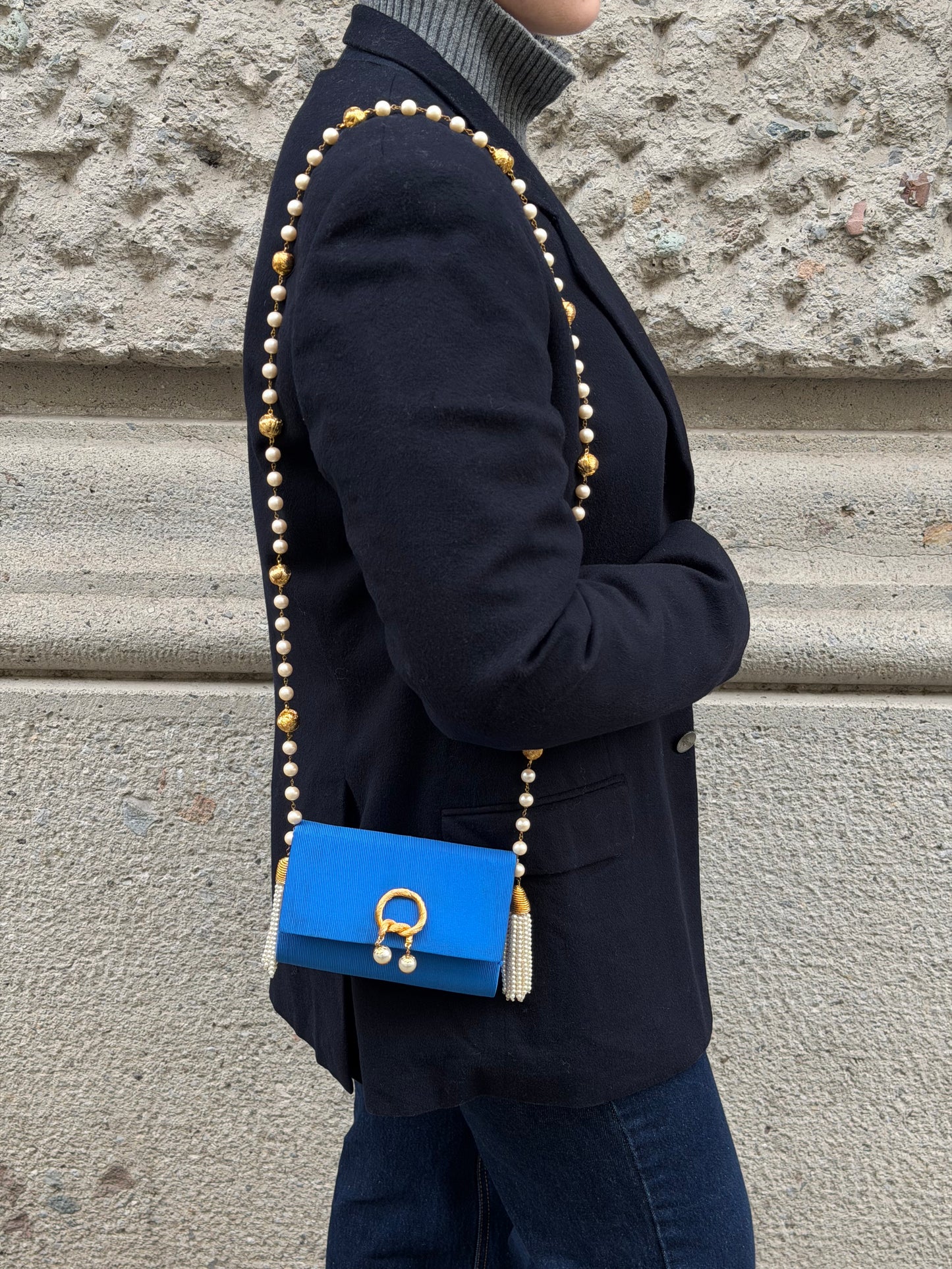 Fendissime Vintage Electric Blue and Gold Pearl Chain Bag
