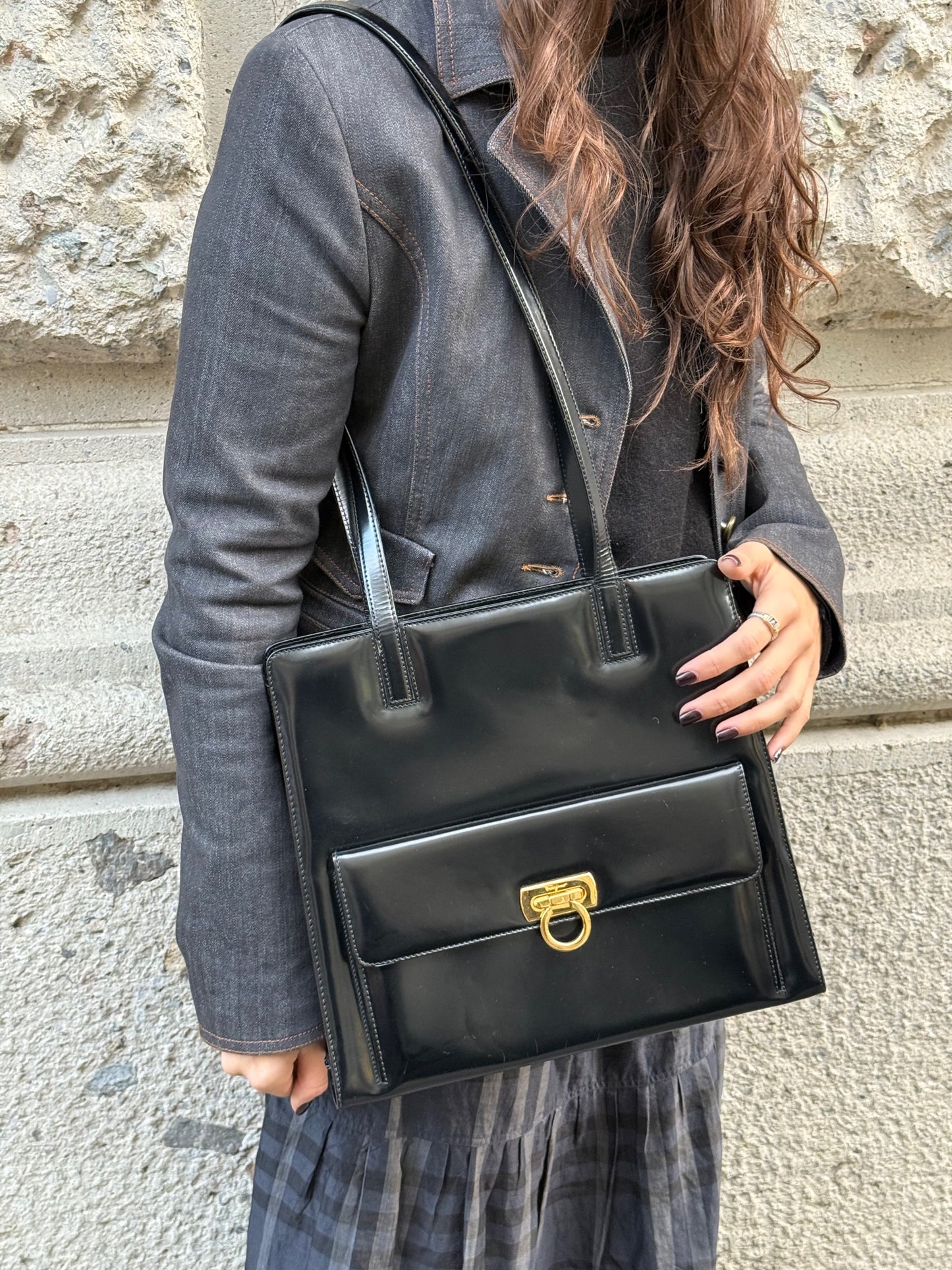 Salvatore Ferragamo Vintage Black Shoulder Gancini Bag