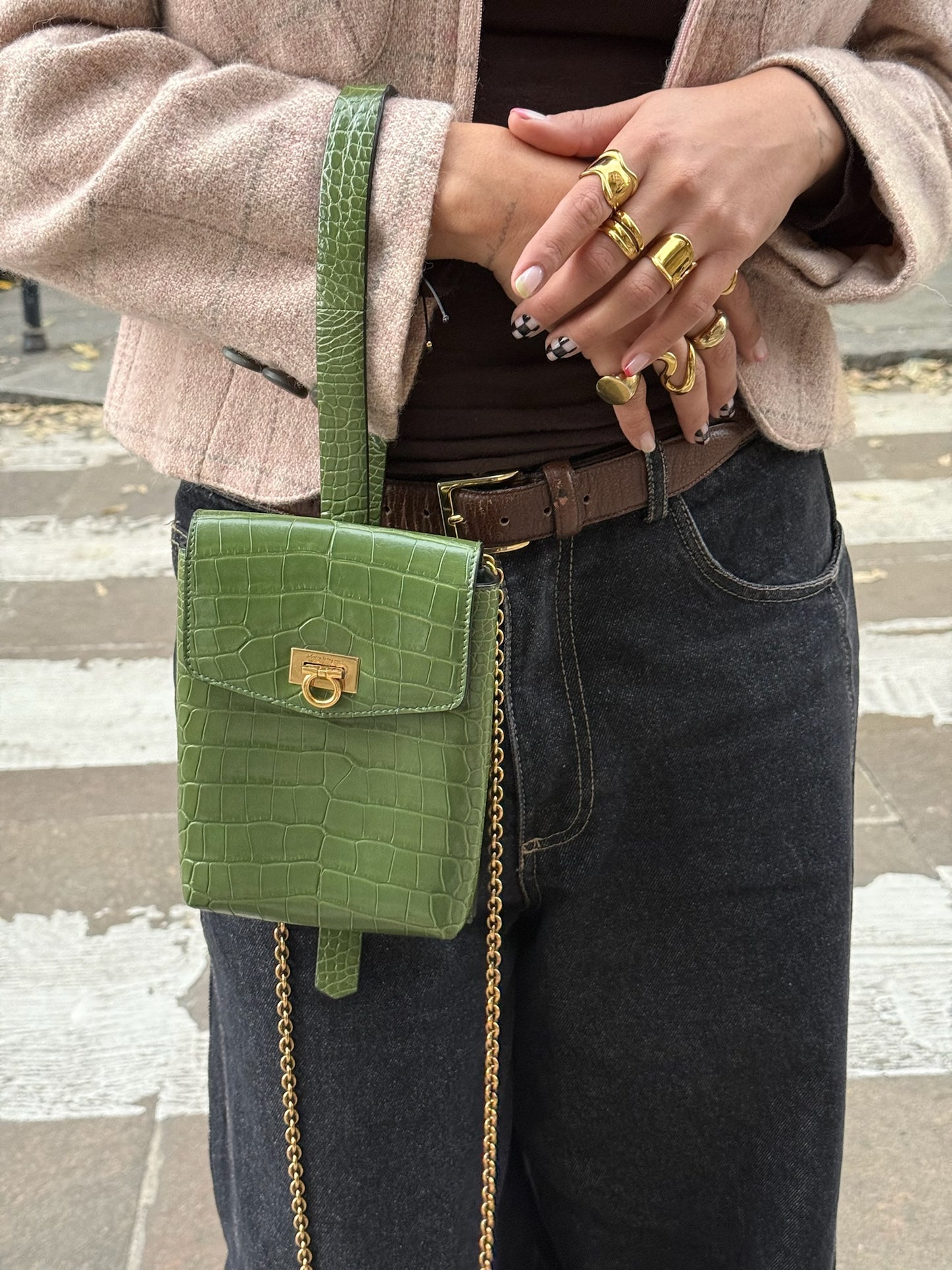 Ferragamo Croc Print Gancini Green Handbag W/ Chain