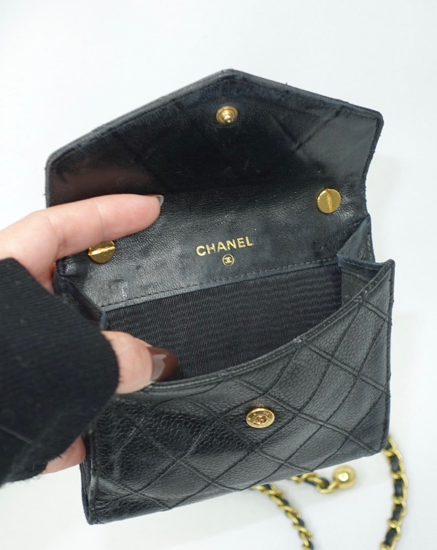 Chanel Re-Worked Small Quilted Black Leather Wallet With Chain