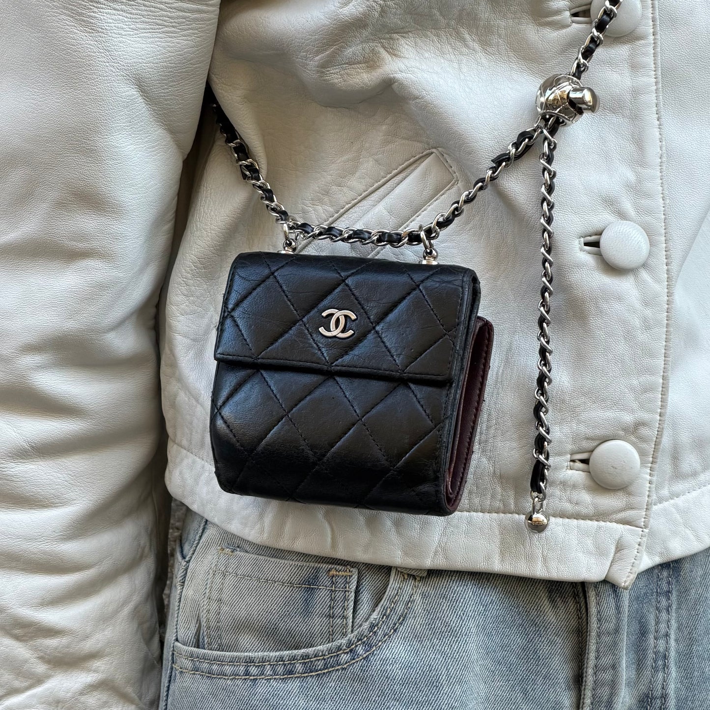 Chanel Vintage Re-worked Black Mini Flap Wallet with Chain