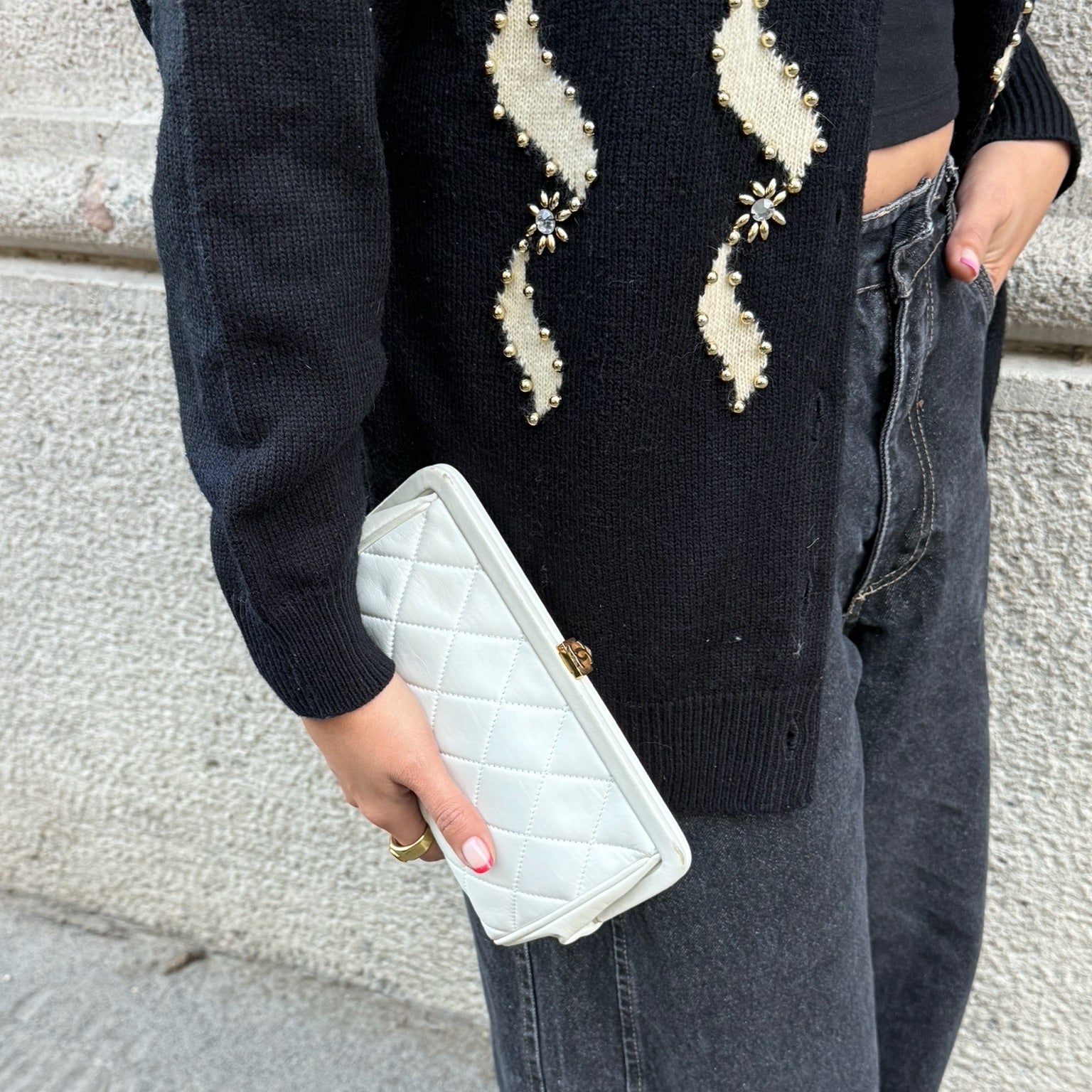 Chanel Vintage White Quilted Leather Clutch with CC Logo
