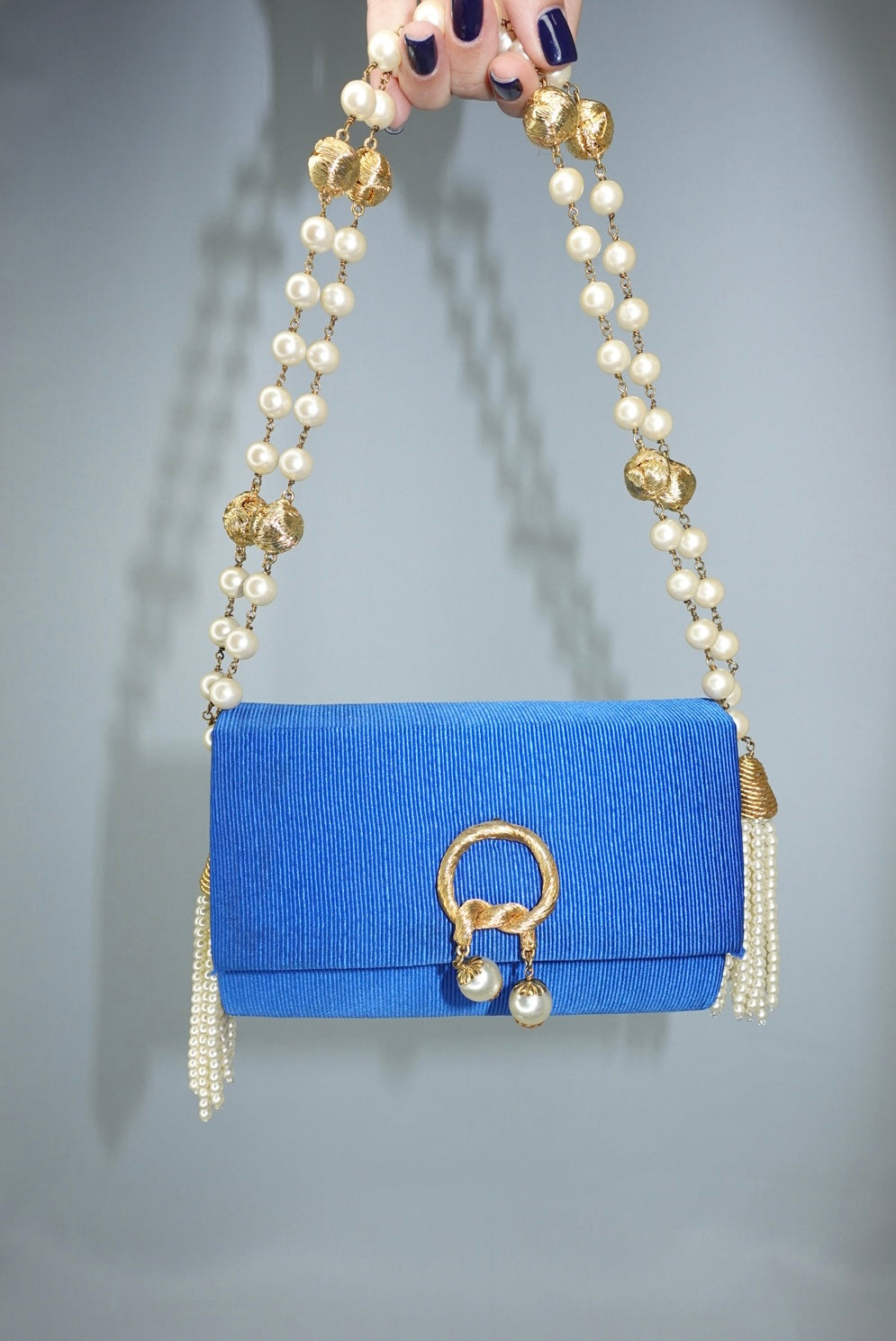 Fendissime Vintage Electric Blue and Gold Pearl Chain Bag