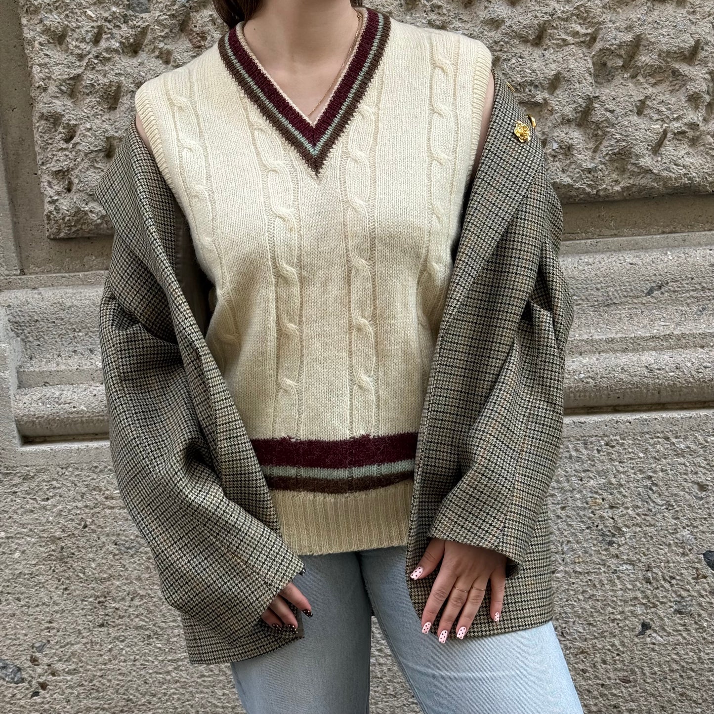 Vintage Cream Wool Knitted Vest with Stripes
