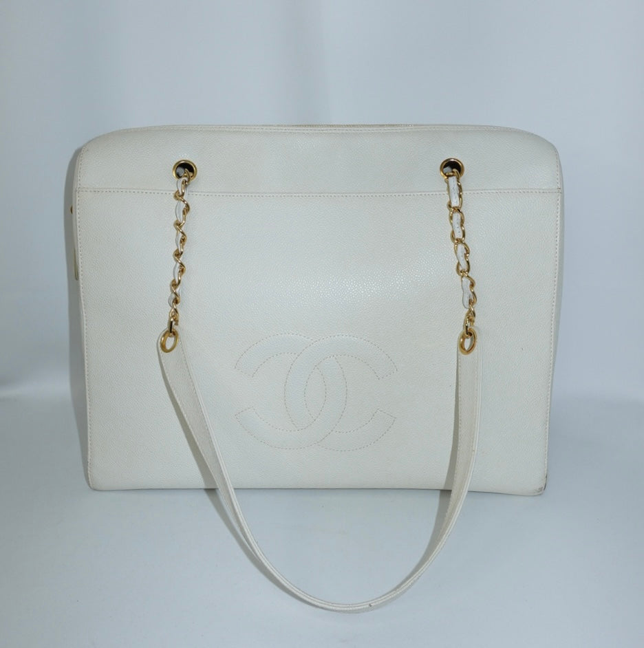 Chanel Vintage White Caviar Embossed CC Maxi Tote