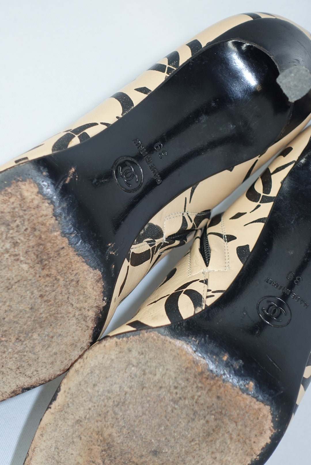 Chanel Vintage CC Logo Print Beige and Black Heeled Pointed Toe Ankle Boots