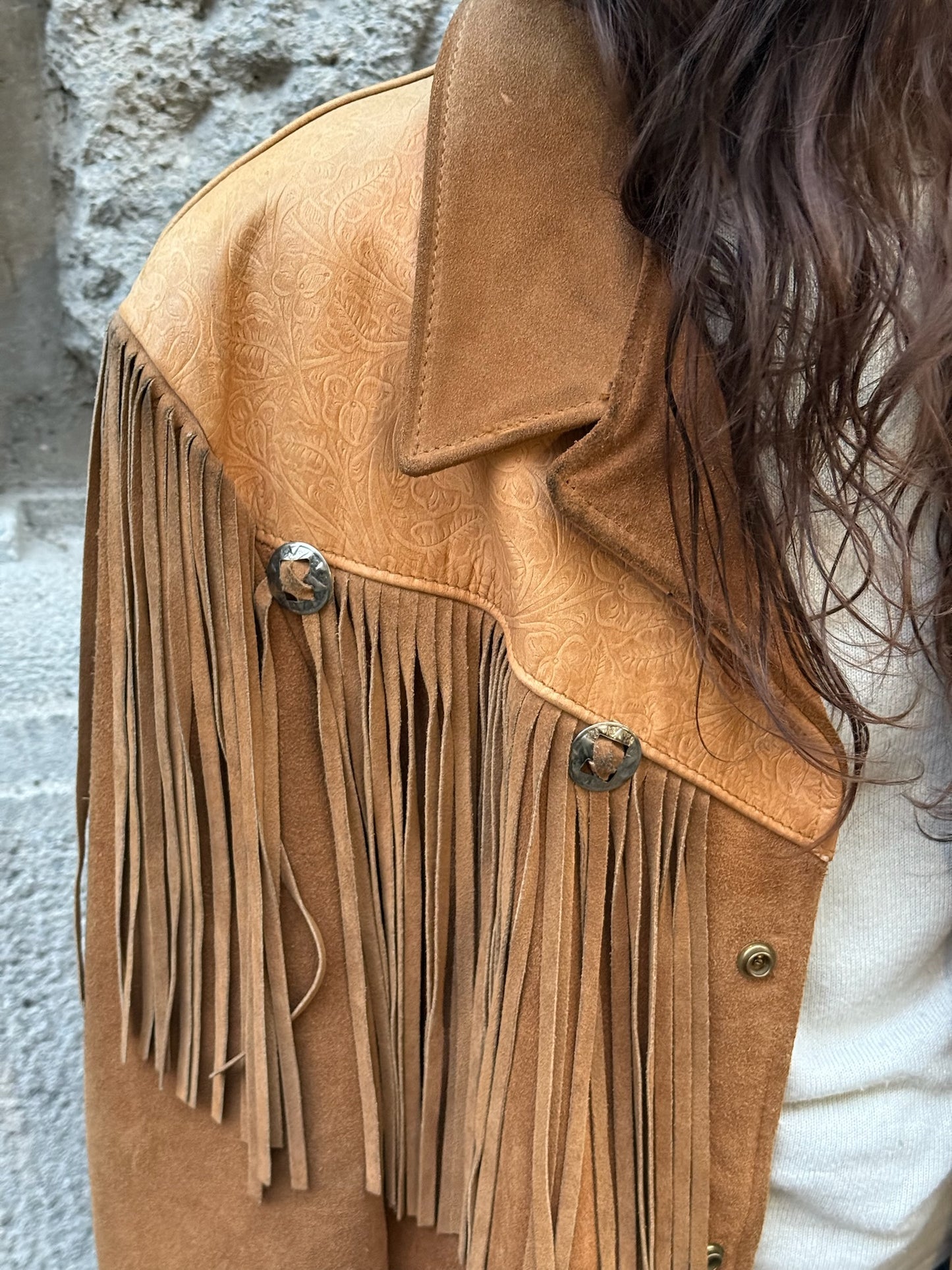 Beige Vintage Suede Fringe Western Jacket