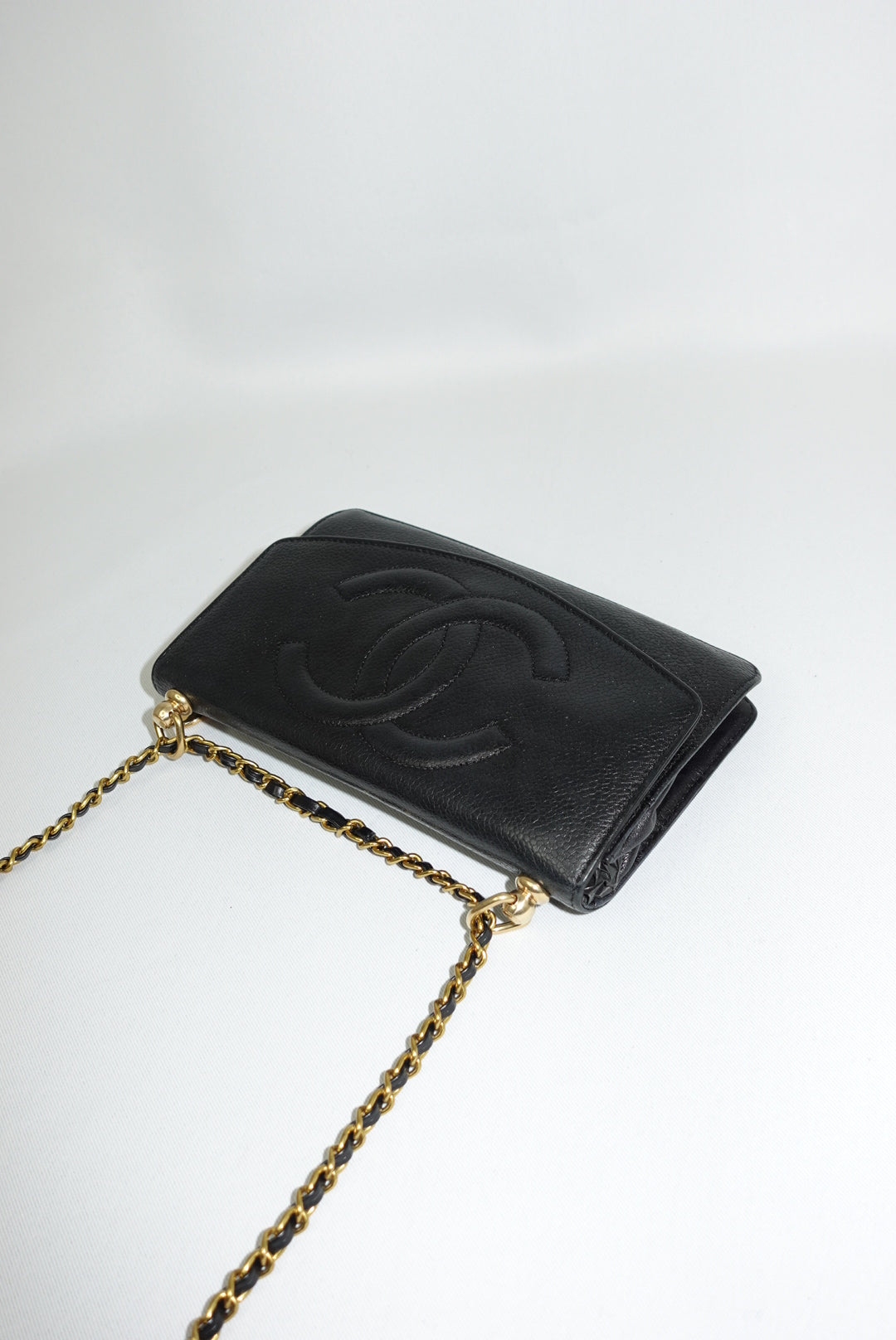 Chanel Re-Worked Vintage Flap Wallet With Chain Black Caviar CC logo