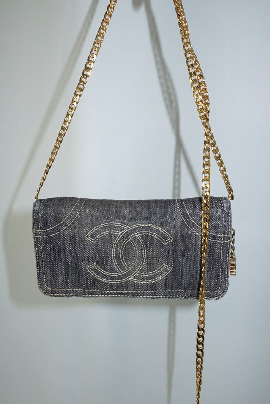 Chanel Vintage Reworked Denim CC Logo Wallet with Chain