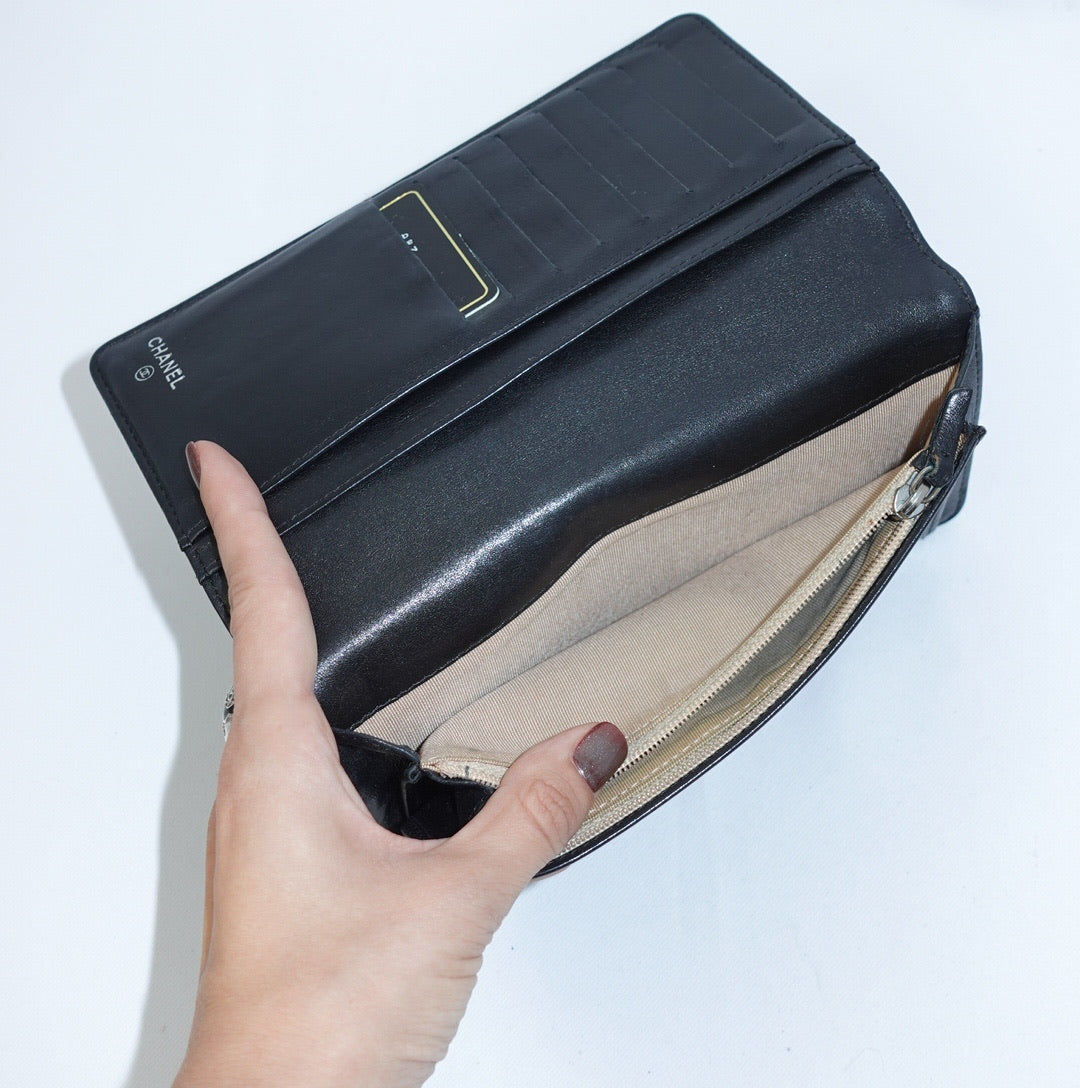 Chanel Black Leather CC Logo Long Wallet