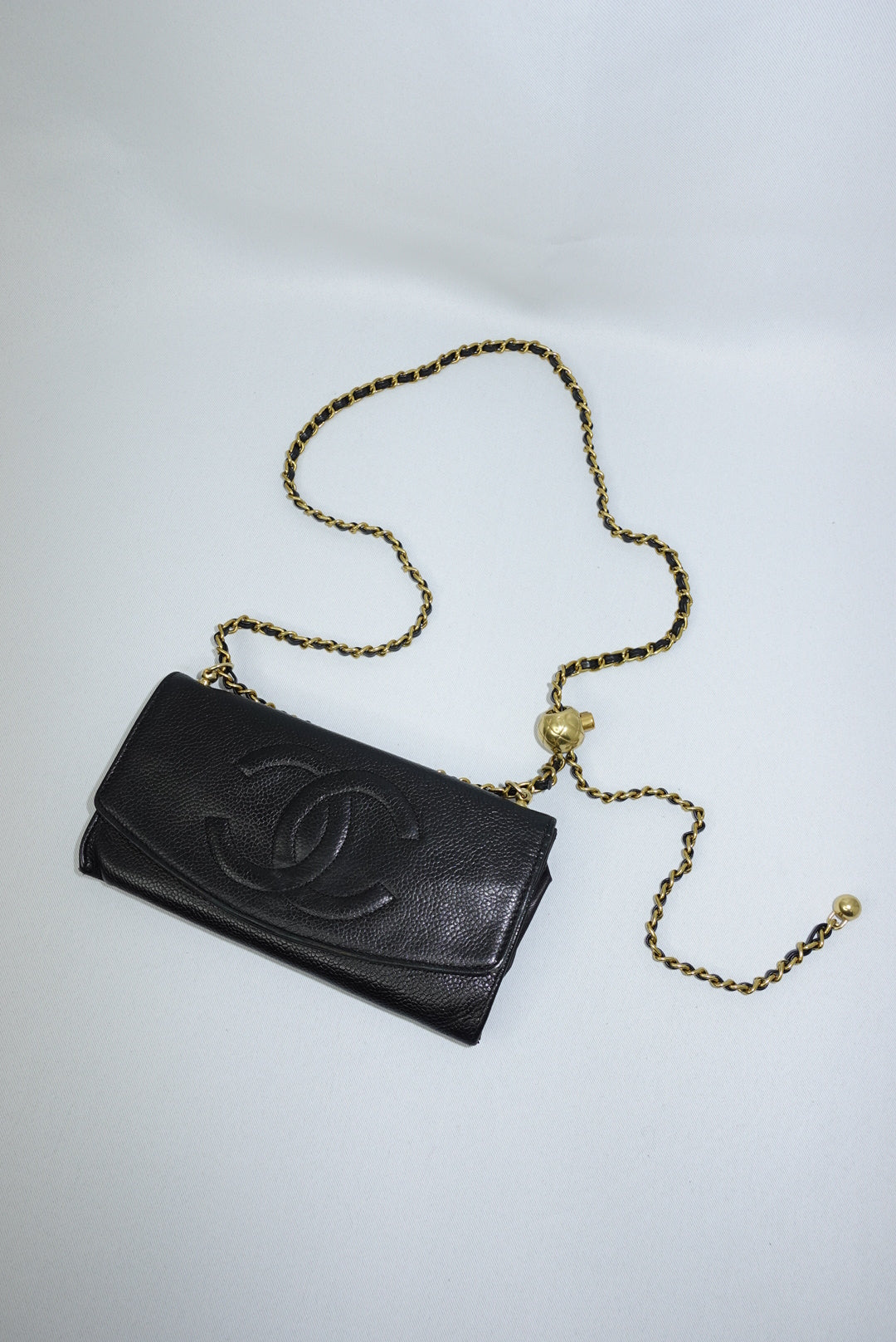 Chanel Re-Worked Vintage Long Flap Wallet With Chain Black Caviar CC logo