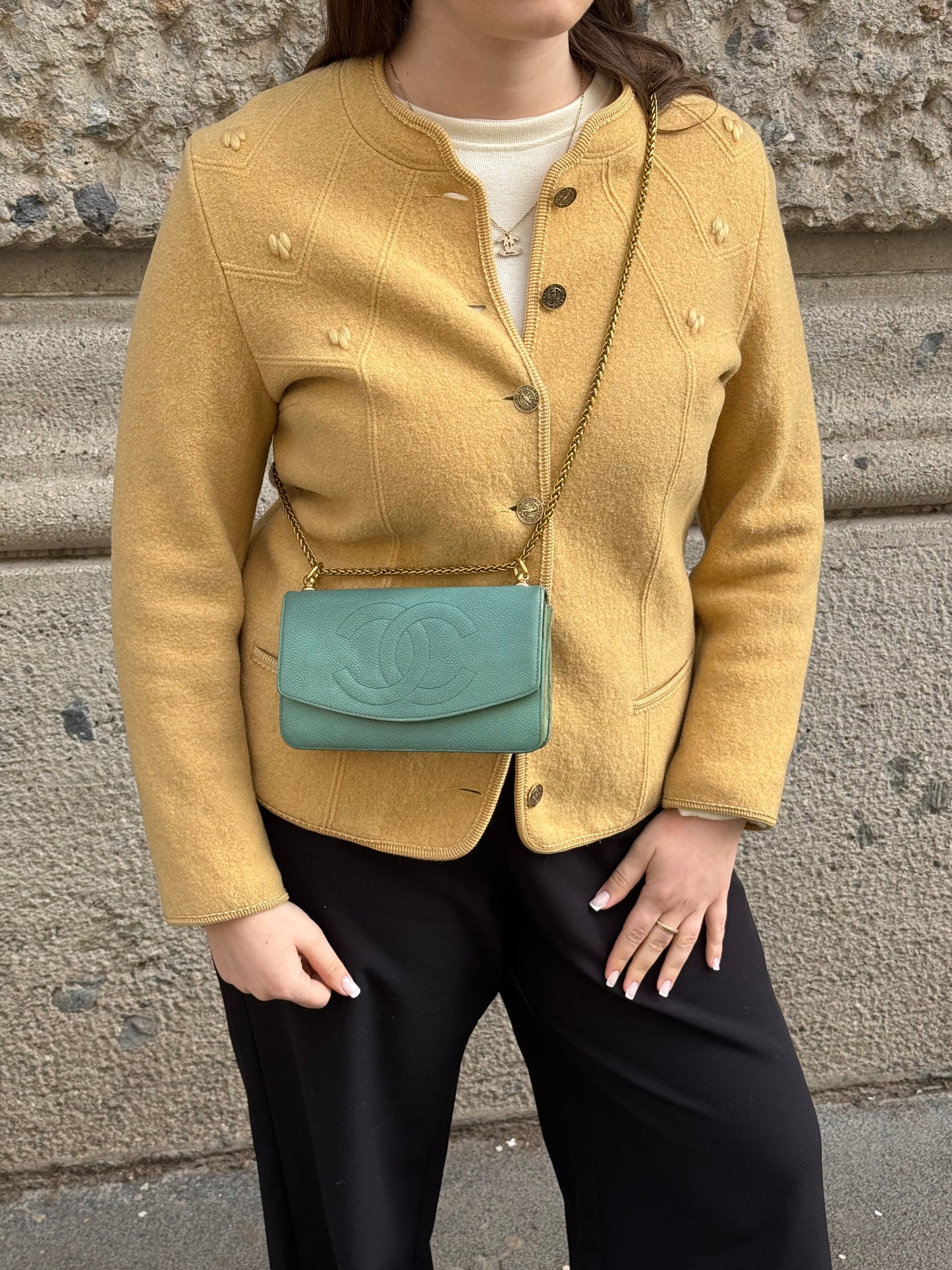 Chanel Re-Worked Flap Teal CC logo Vintage Wallet with Chain