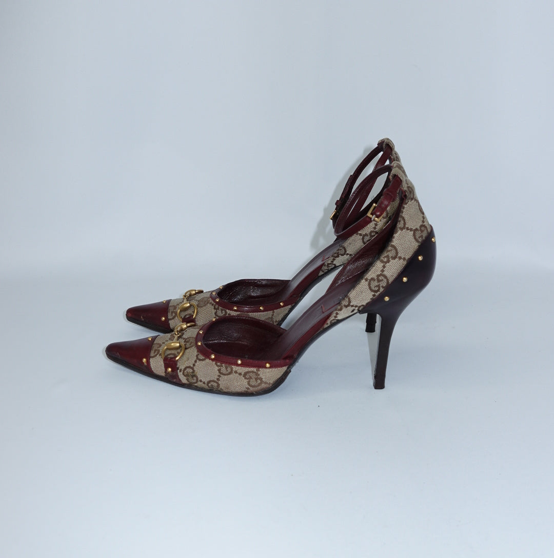 Gucci Monogram & Burgundy Horsebit Heels 37
