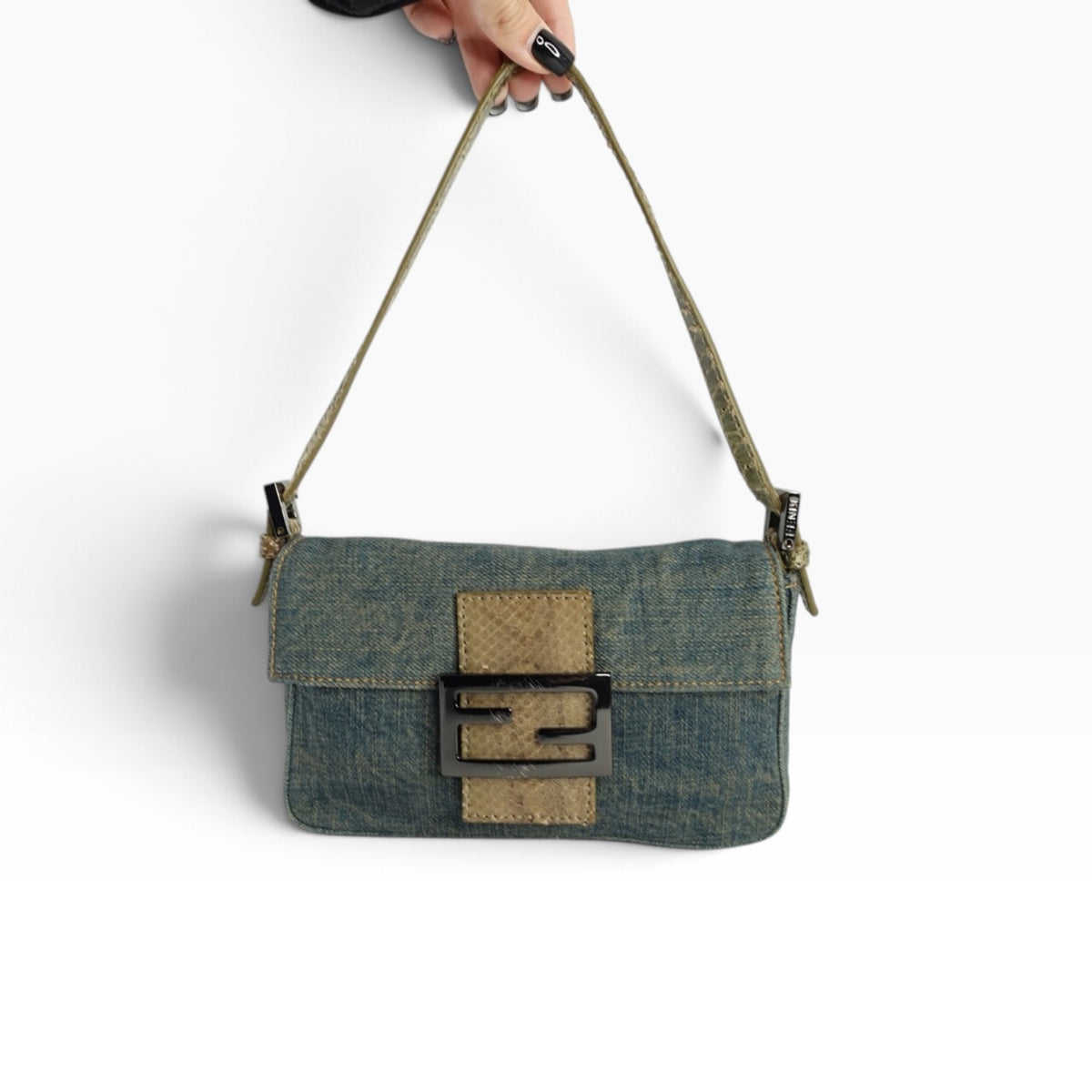 Fendi Mini Baguette denim bag with snakeskin strap and distinctive designer details