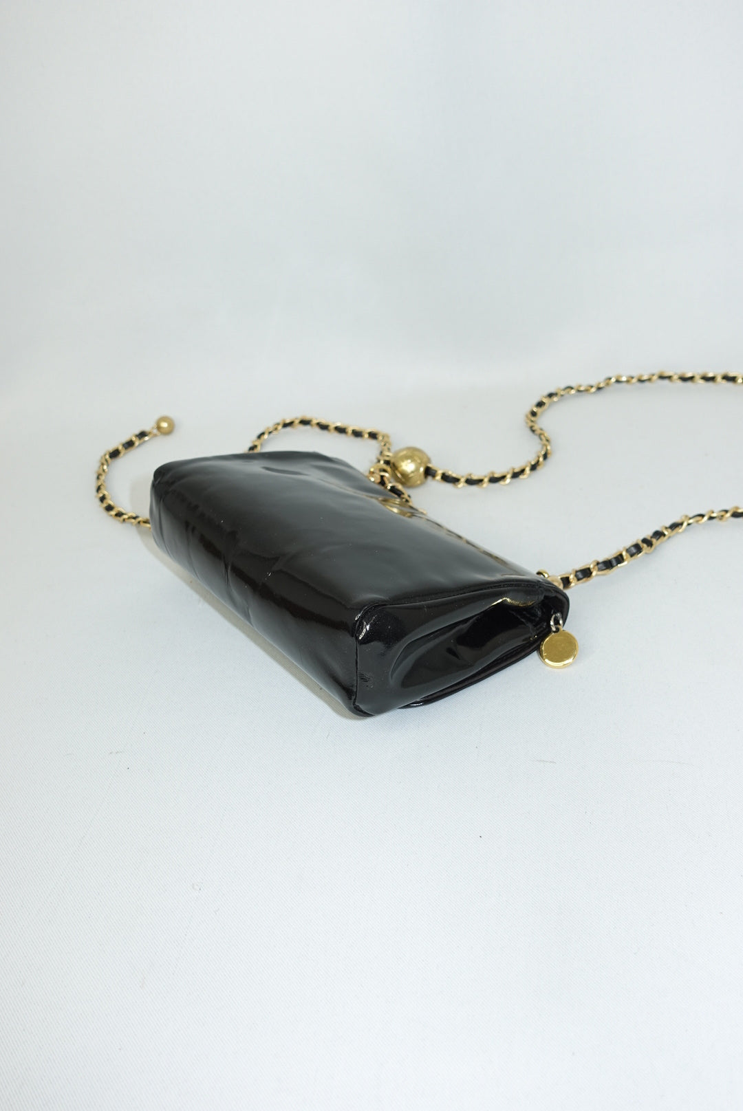 Chanel Re-Worked CC Flap Vintage Black Patent Leather Wallet w/ Chain