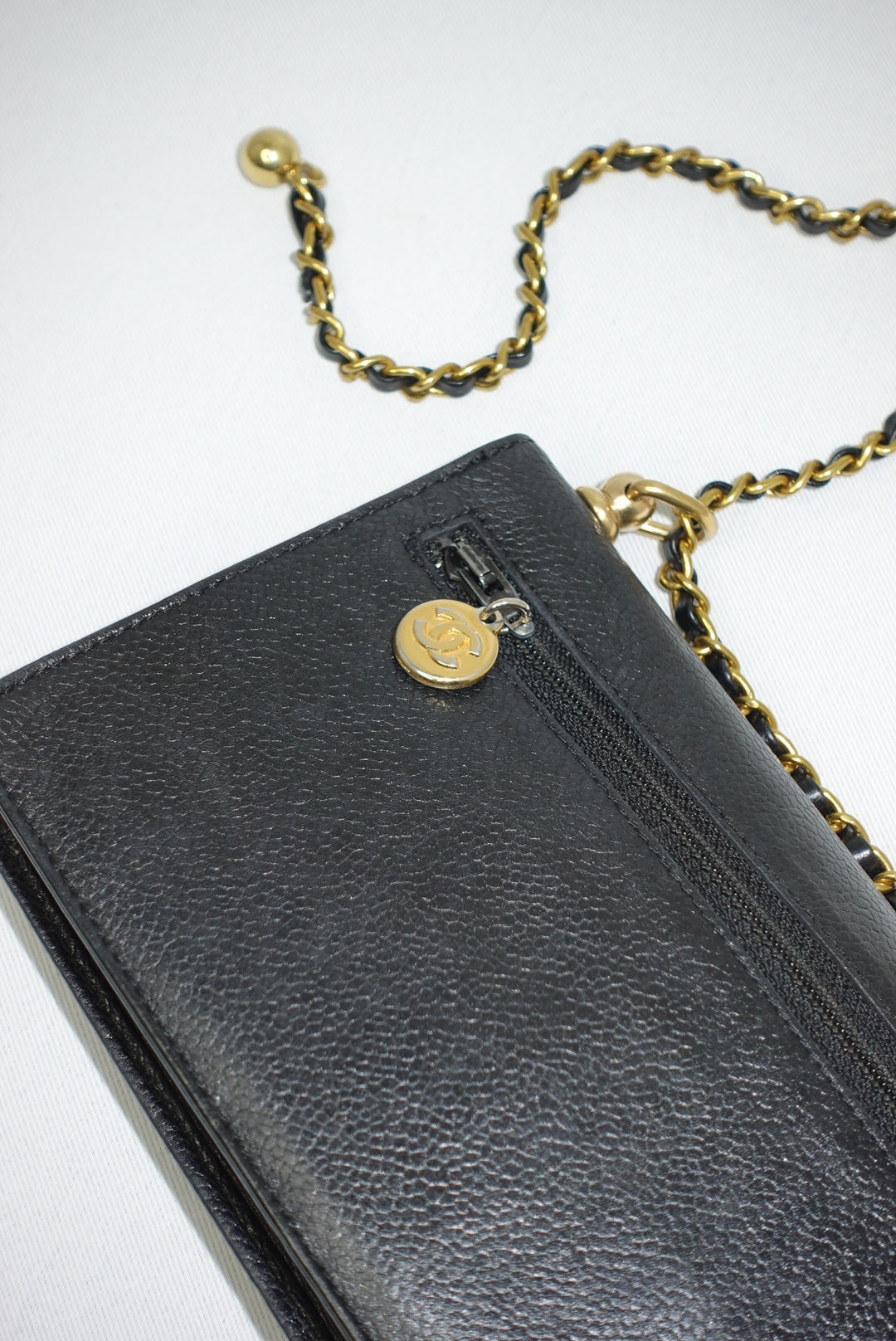 Chanel Re-Worked Vintage Flap Wallet With Chain Black Caviar CC logo