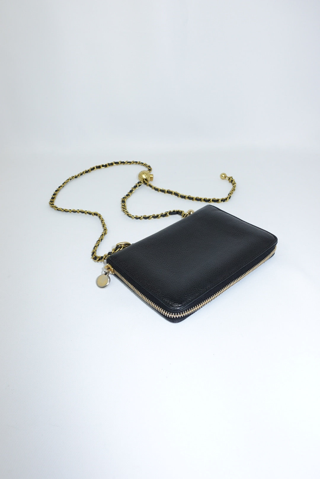 Re-Worked Chanel Black Zip CC Logo Small Vintage Wallet with Chain