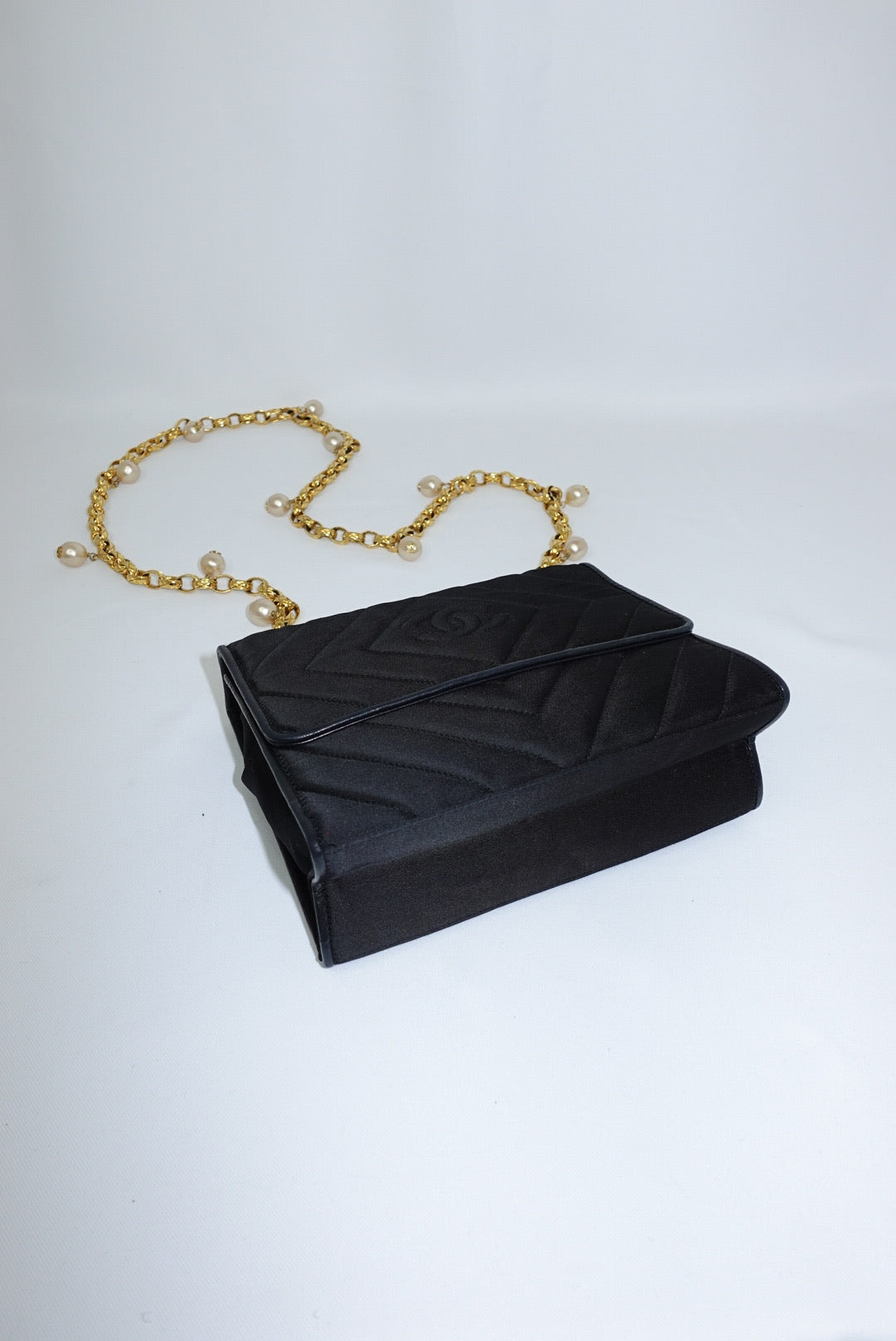 Chanel Vintage Satin Pearl Chain Embroidered CC Logo Bag