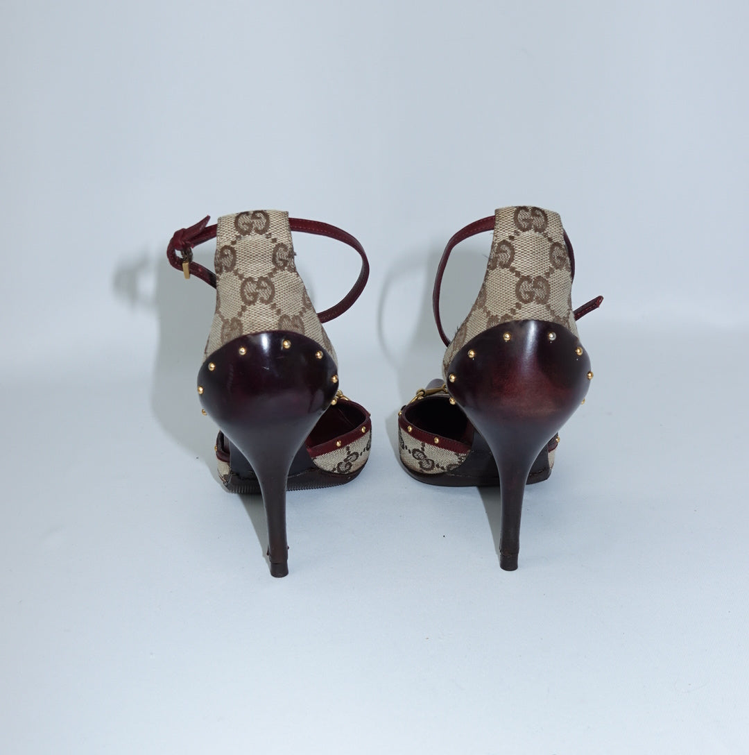 Gucci Monogram & Burgundy Horsebit Heels 37