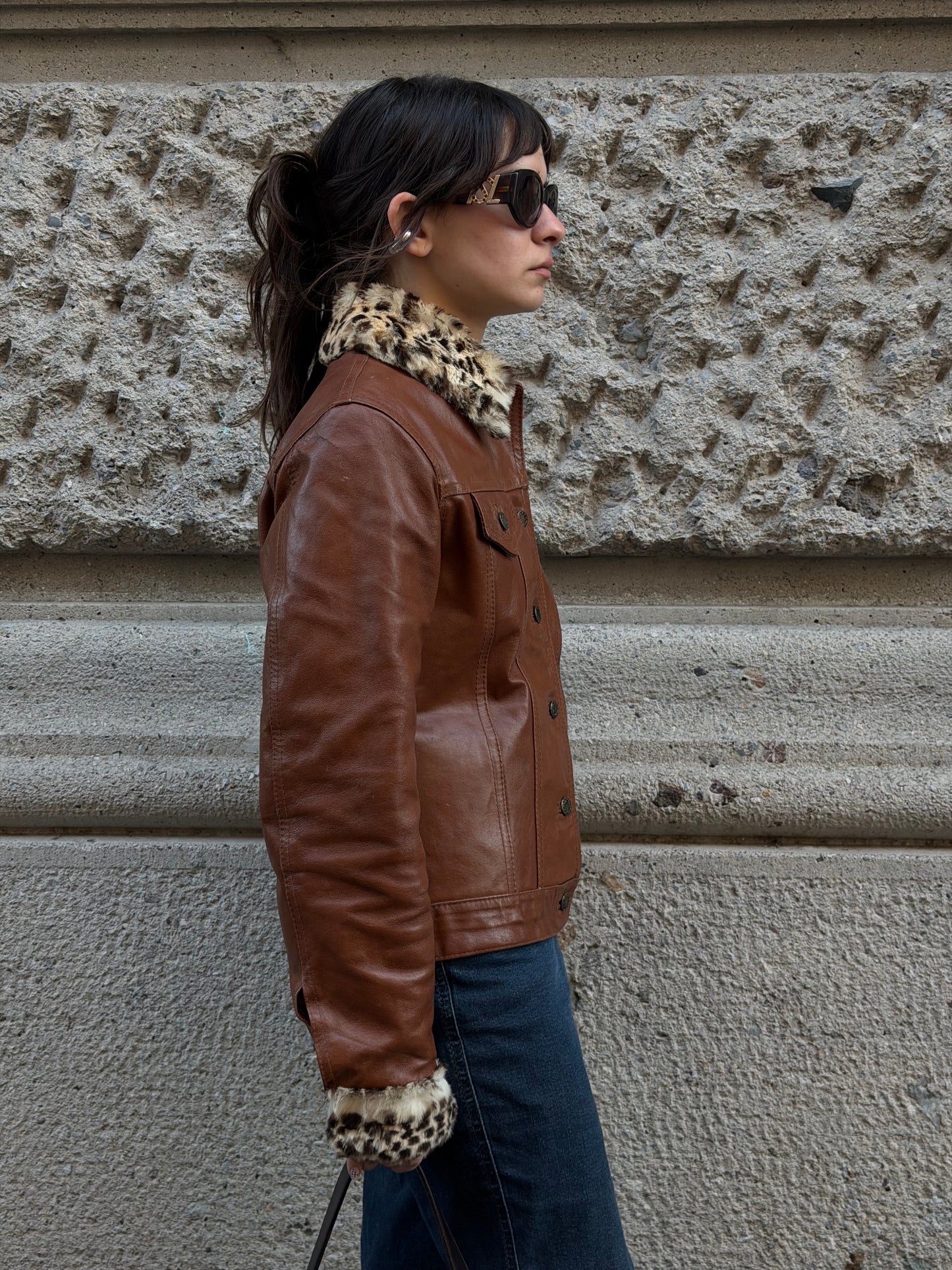 Caramel Leather Trucker Jacket With Fur Trims