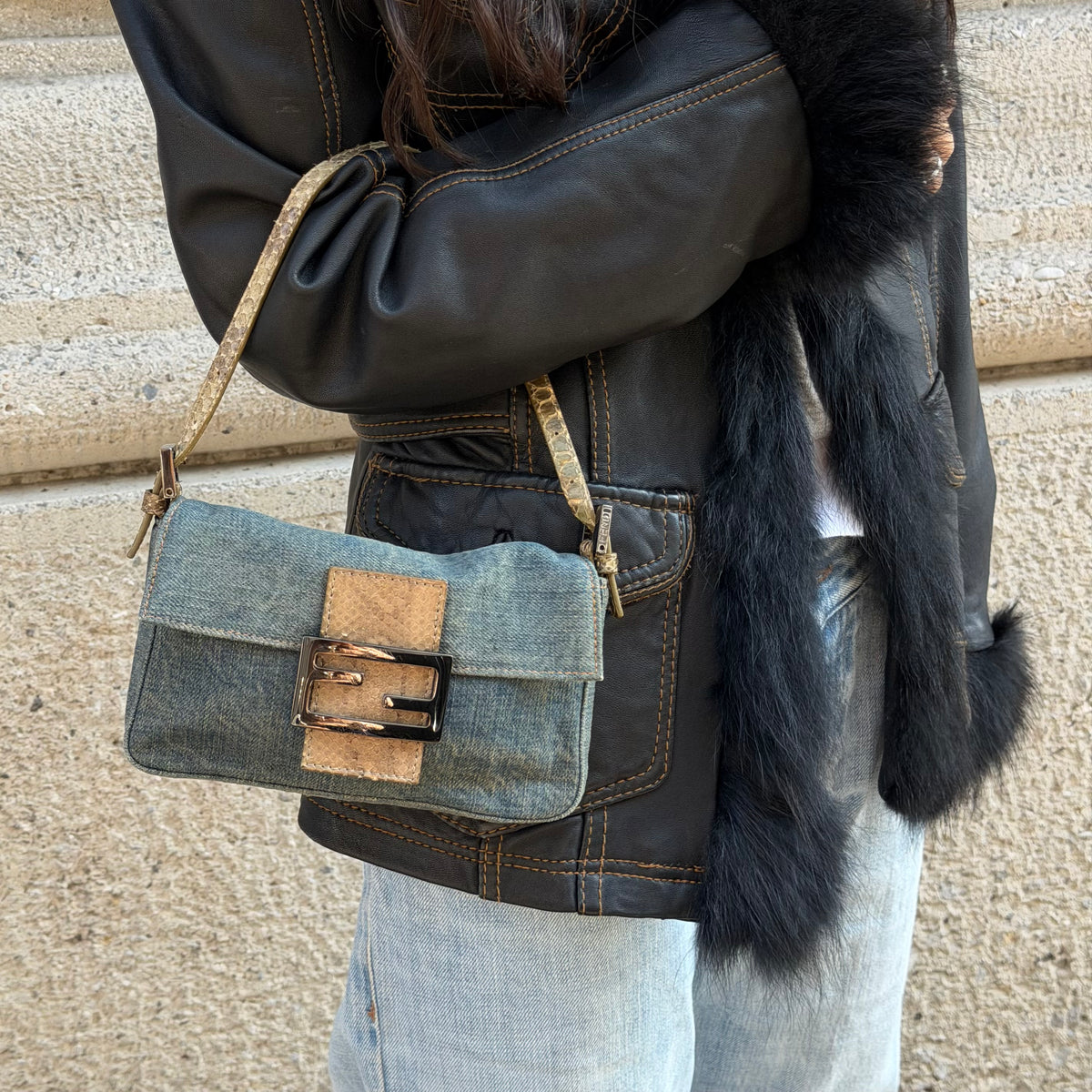 Fendi Mini Baguette Denim & Snakeskin