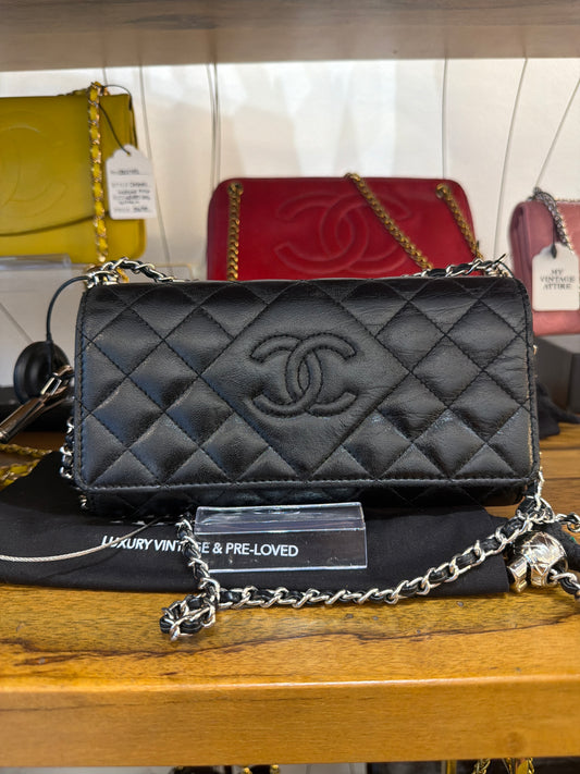 Chanel Black Flap Long Wallet On Chain Embedded Logo