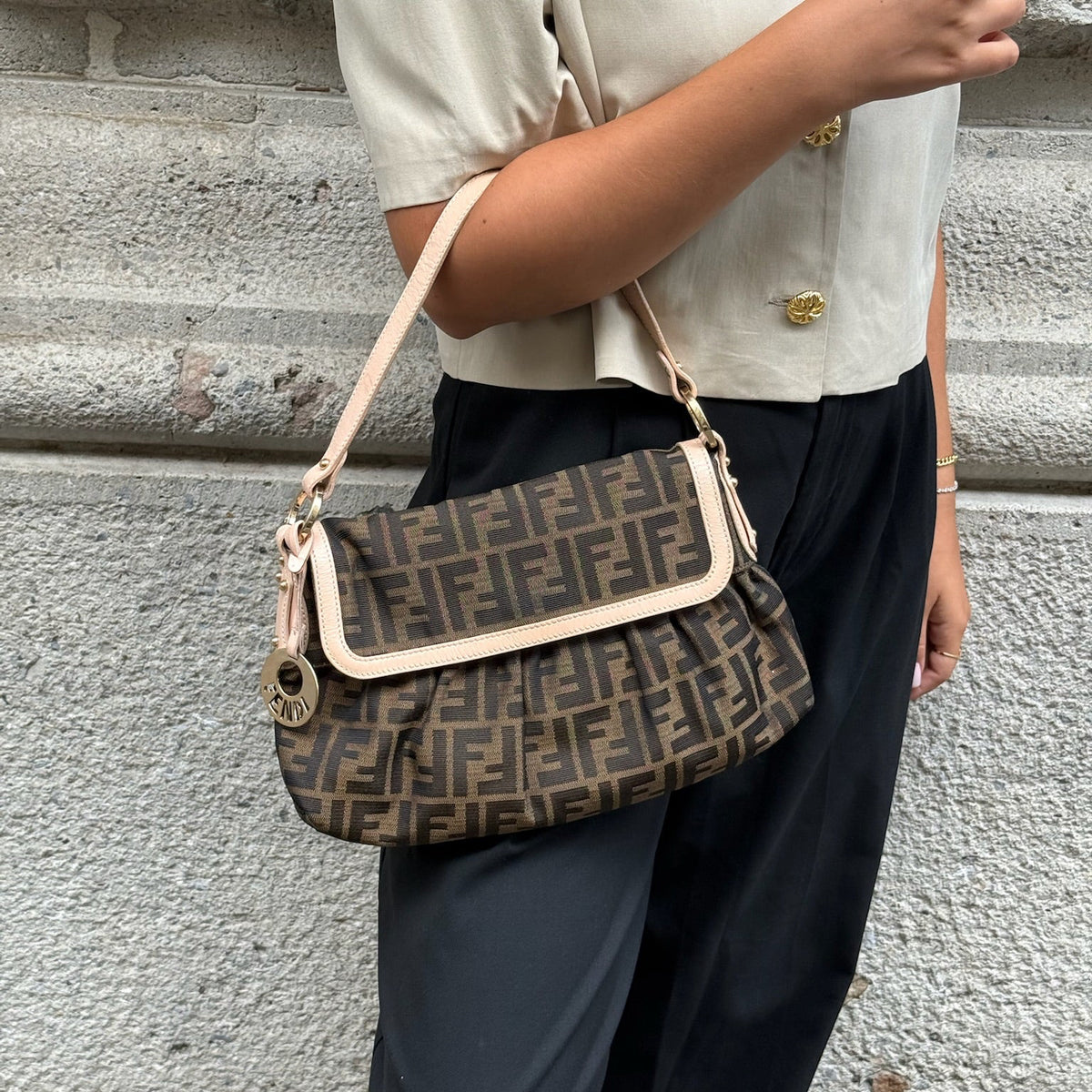 Fendi vintage brown FF monogram Mini Chef handbag with gold logo medallion