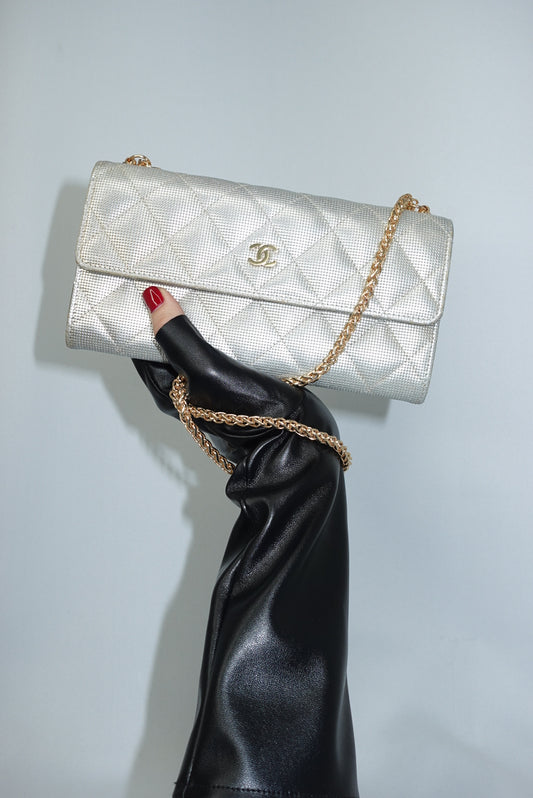 Chanel Re-Worked Timeless Wallet on Chain Silver Lambskin with Gold Hardware and CC Logo