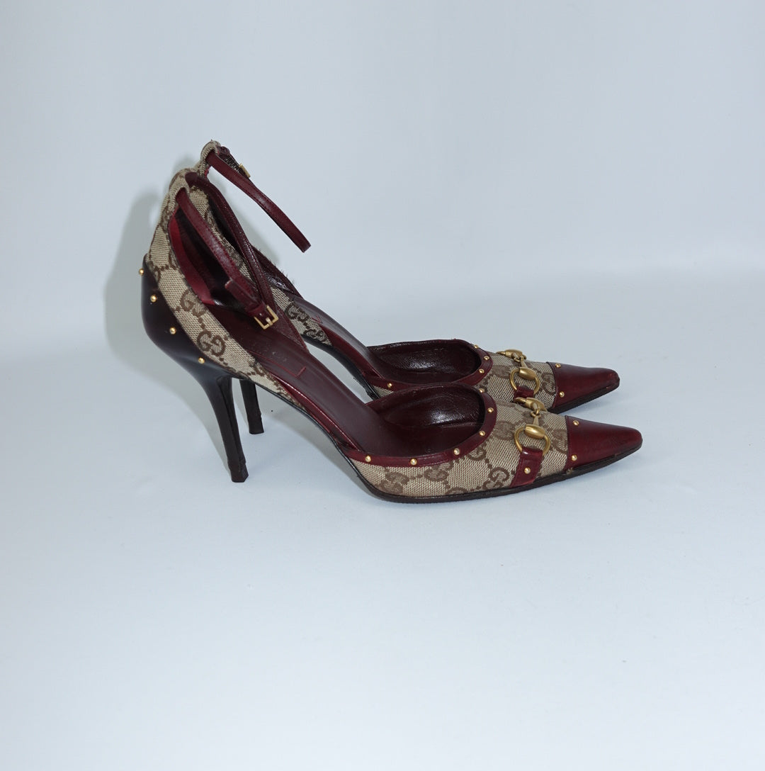 Gucci Monogram & Burgundy Horsebit Heels 37