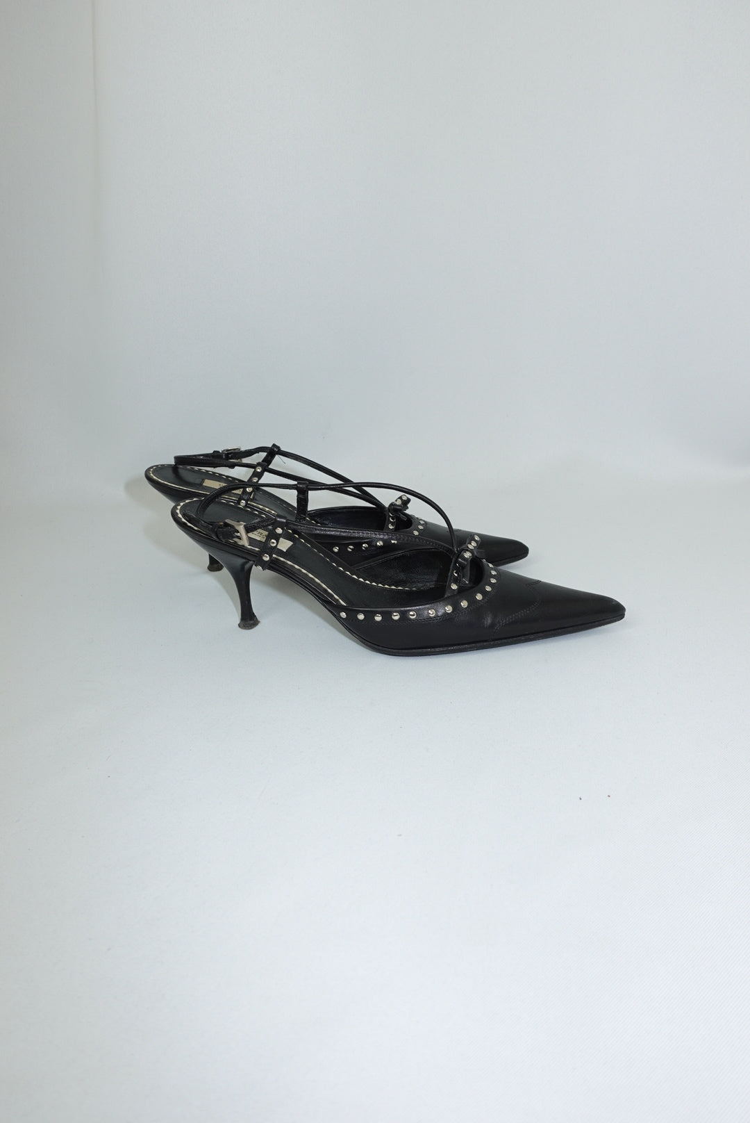 202. Prada Studded Black  Pointed Toe Heels 36