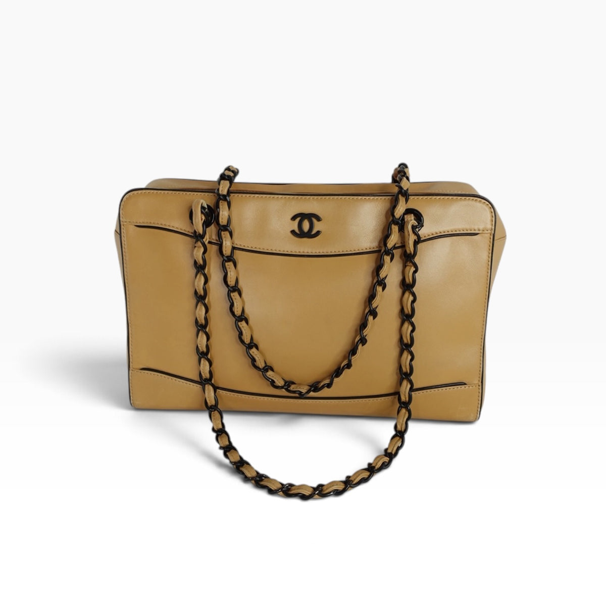 Chanel Beige Shoulder Bag W/ Black Trim and Hardware