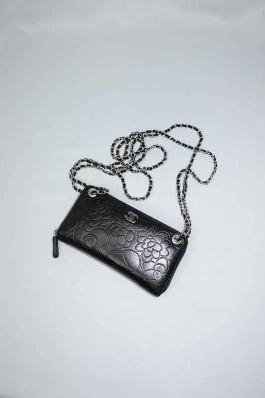 019. Re-Worked Chanel Zip Black W.O.C. Silver Hardware Limited Edition Camelia