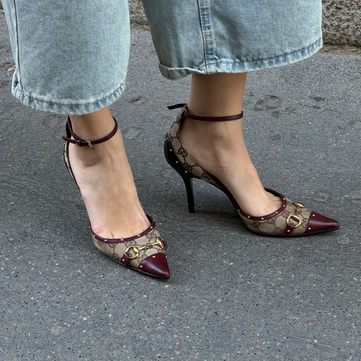 Gucci Monogram & Burgundy Horsebit Heels 37