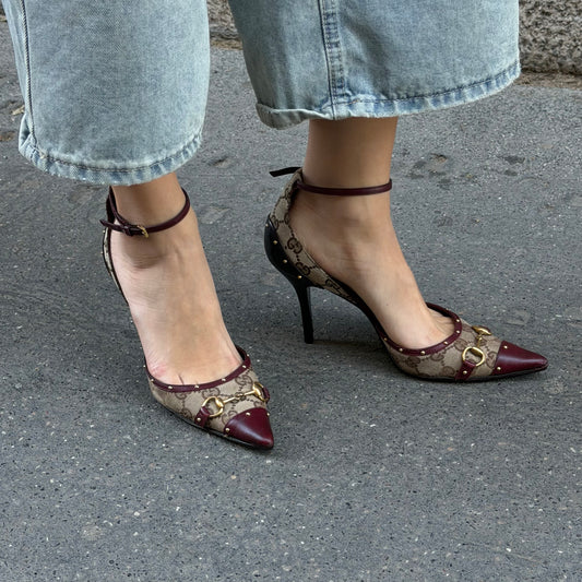 Gucci Monogram & Burgundy Horsebit Heels 37