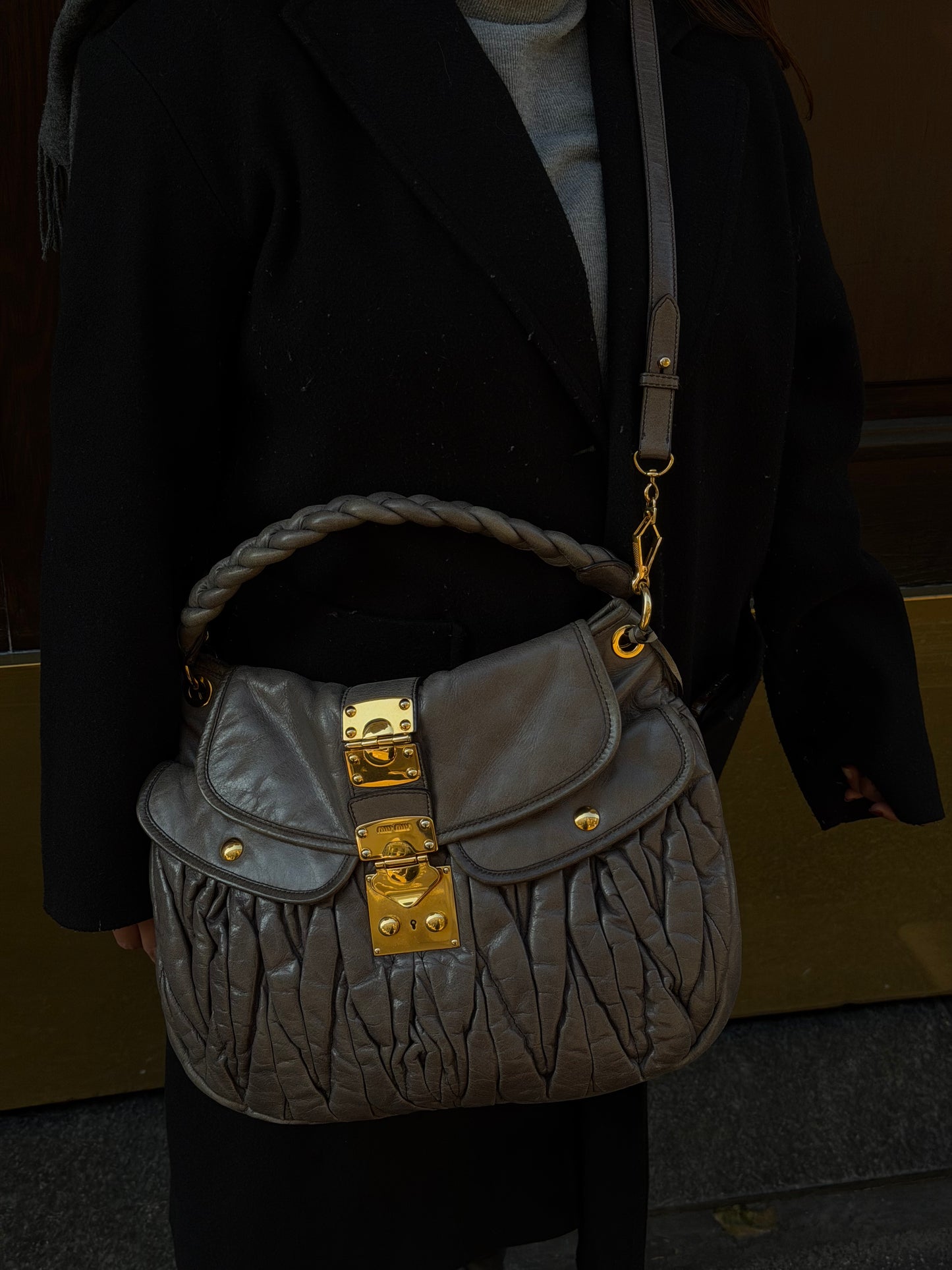 Miu Miu Vintage Grey Matelassé Coffer Shoulder Bag